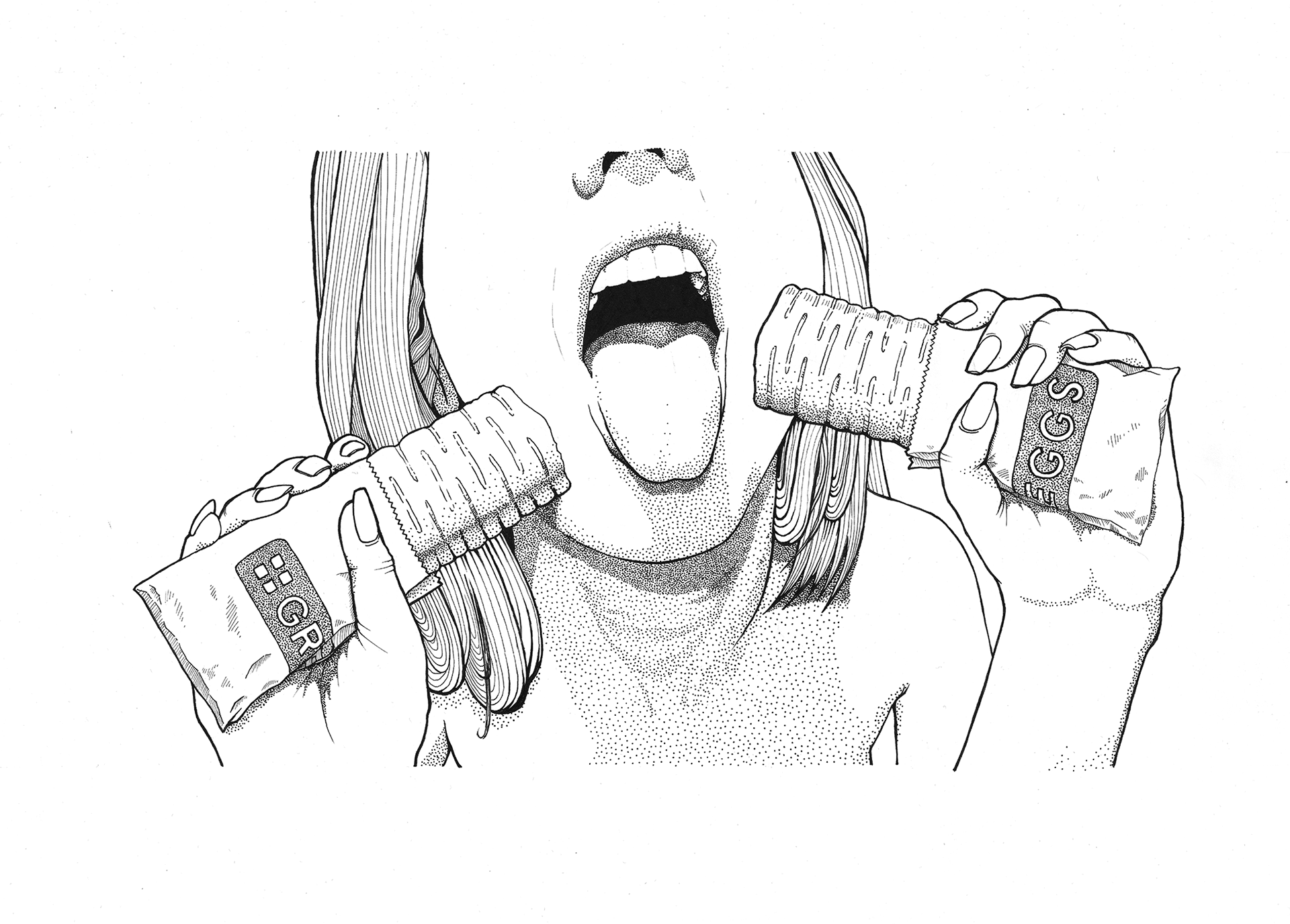 A satirical editorial illustration featuring a woman with an open mouth, with a Greggs sausage roll on either side of her, playing on a humorous and provocative visual.