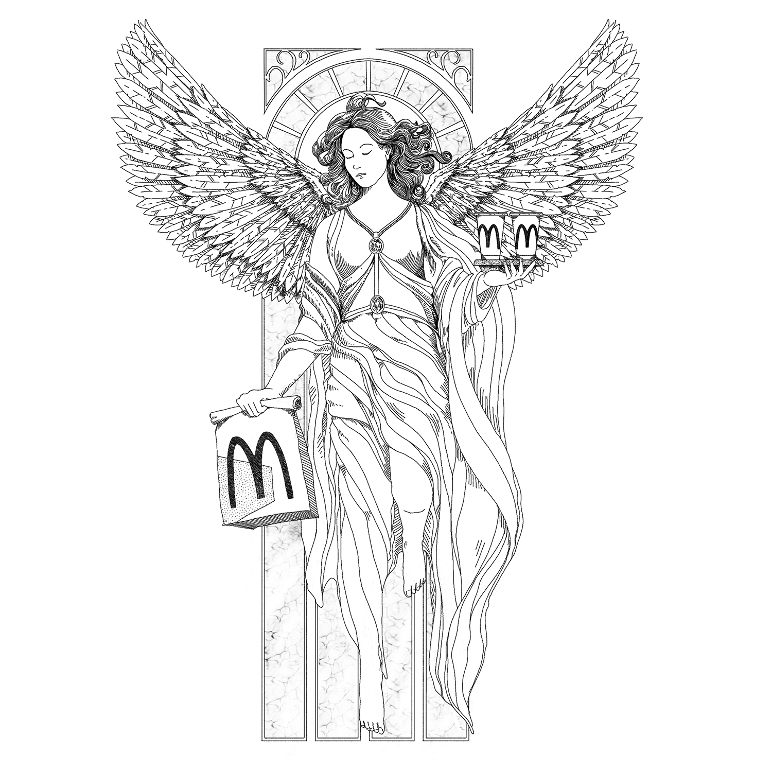 Editorial illustration of the hangover angel descending from heaven, carrying a bag of McDonald's and drinks to offer divine relief