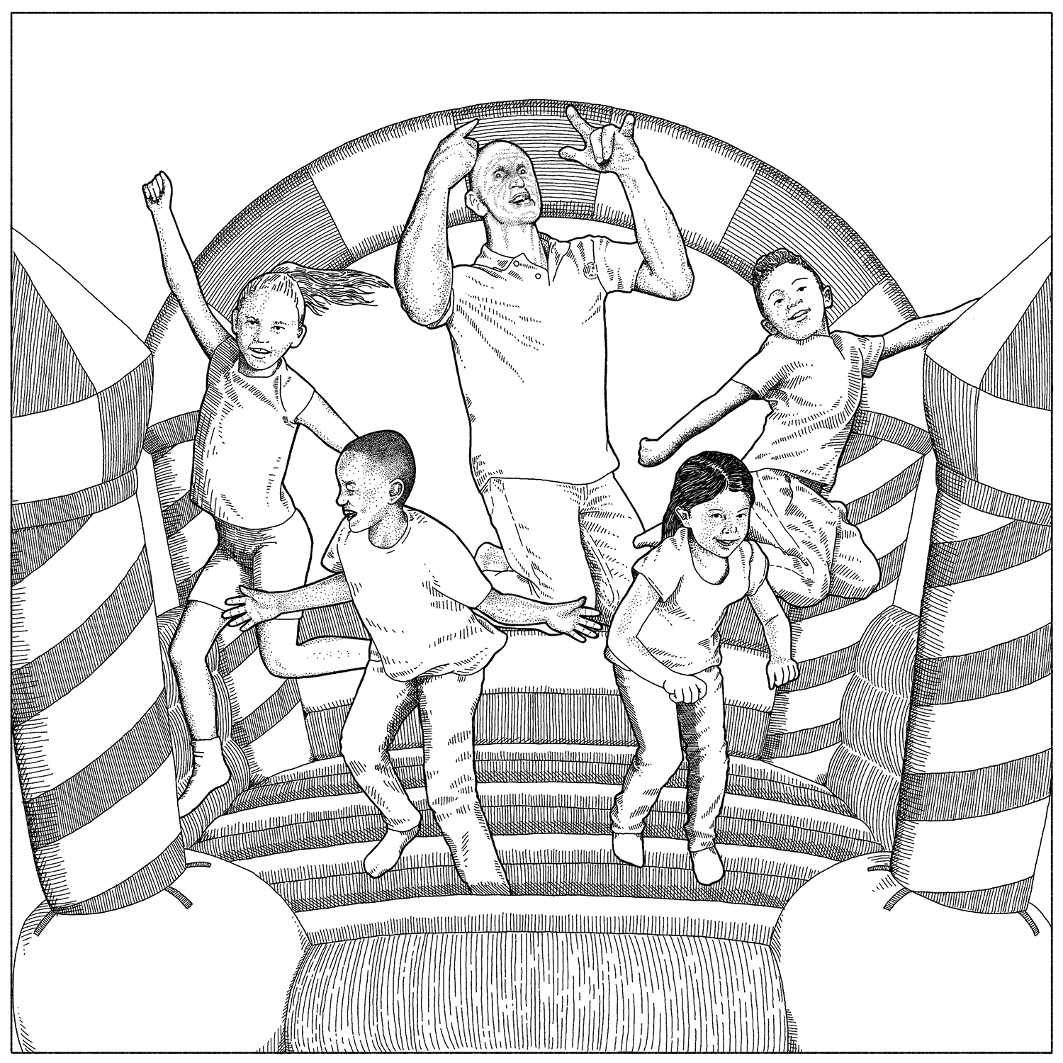 Editorial illustration of Shaun Jackson, aka "Crazy Guy" from the 'bounce by the ounce' video, gurning on a bouncy castle surrounded by kids