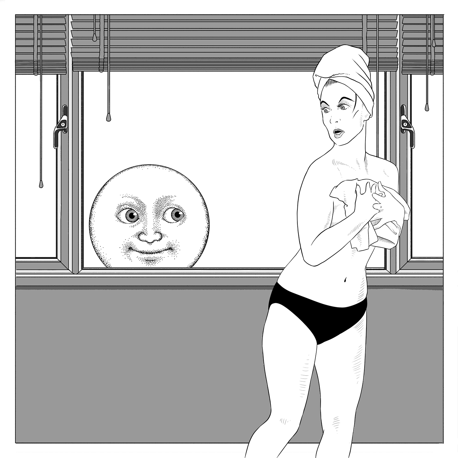 A humorous editorial illustration of a creepy sun emoji appearing at a semi-naked woman's window, causing her to recoil in embarrassment and shock.