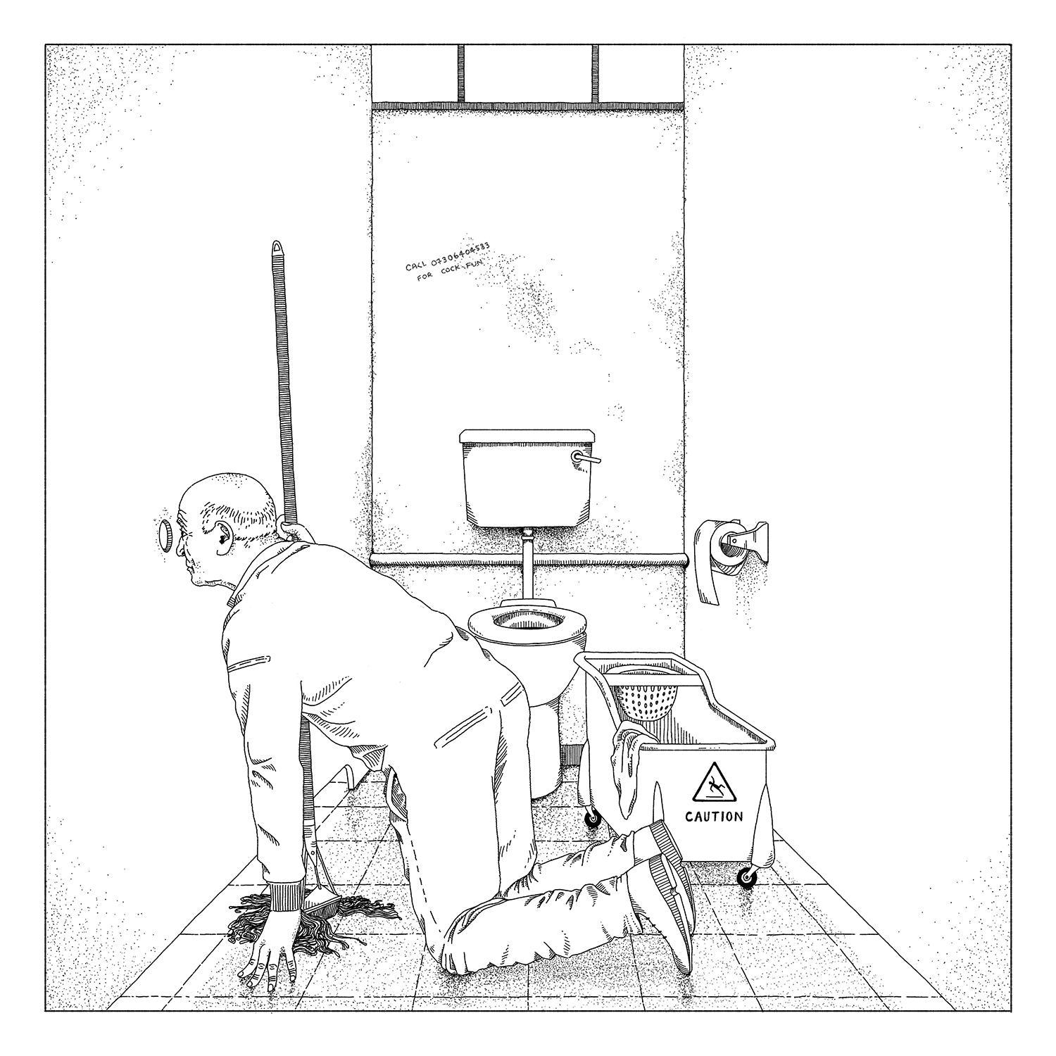 An editorial illustration of a janitor in a men’s restroom, innocently bending down to inspect what he doesn’t realize is an active glory hole.