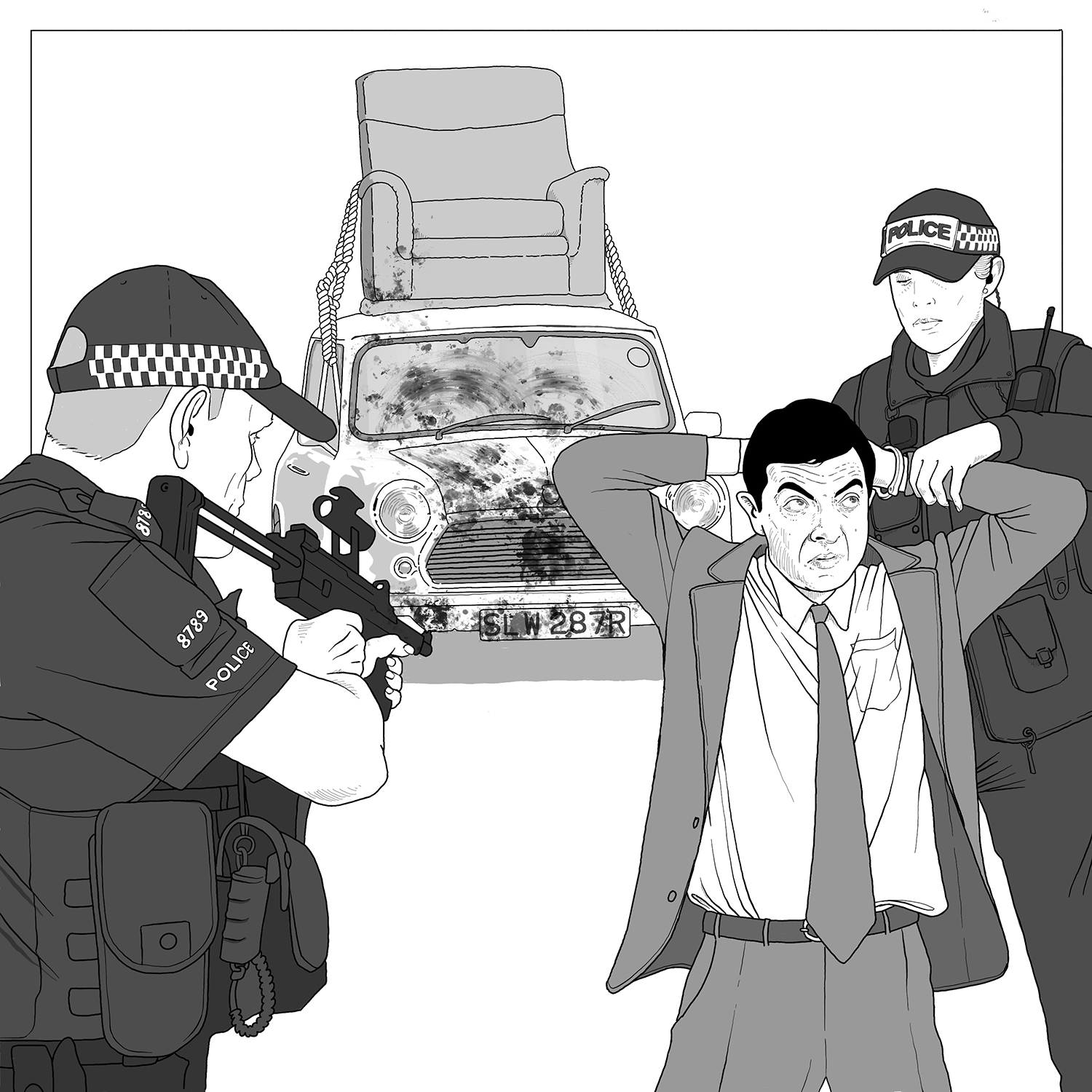 A darkly humorous editorial illustration of Mr. Bean being arrested by armed police, with his iconic Mini in the background—an armchair tied to the roof and the bonnet smeared with blood.