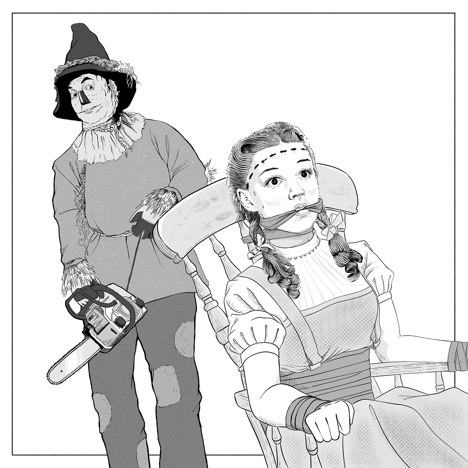 A darkly humorous editorial illustration of the Scarecrow from The Wizard of Oz, holding a chainsaw and about to remove Dorothy's brain while she’s tied up in a chair.