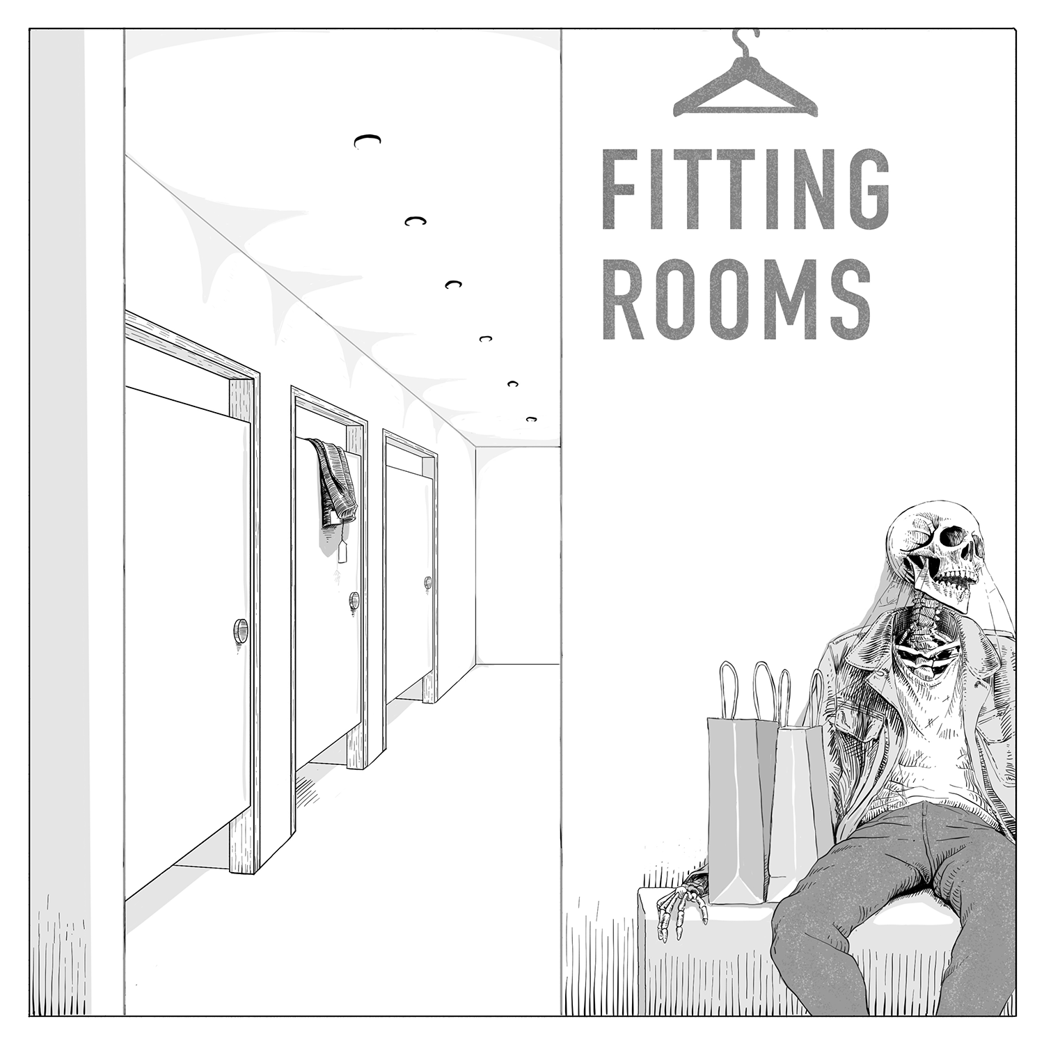 A darkly funny editorial illustration of a man waiting so long while clothes shopping with his partner that he has died and turned into a skeleton