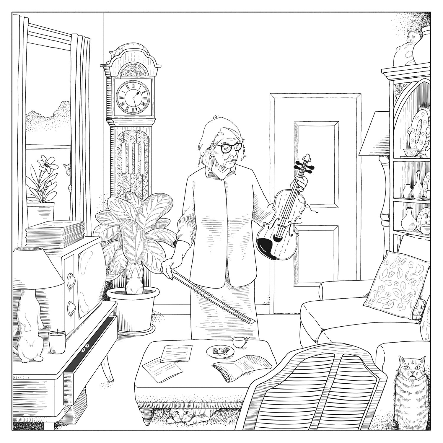 A whimsical editorial illustration of an old cat lady standing in her living room holding a violin with a broken string, while numerous cats are cleverly hidden around the room