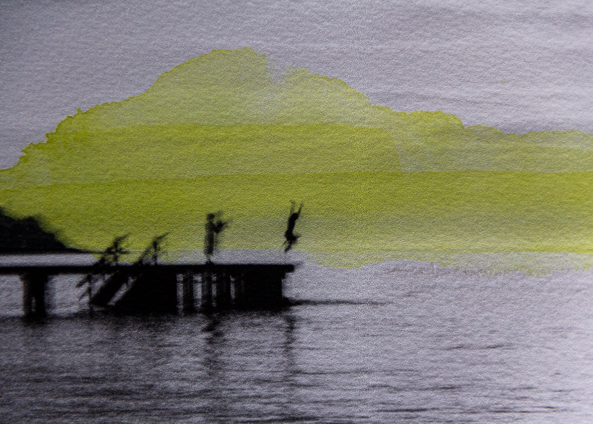 Green Dive | Mixed media on Bockingford paper 190gsm, 30x40cm, framed | Sold