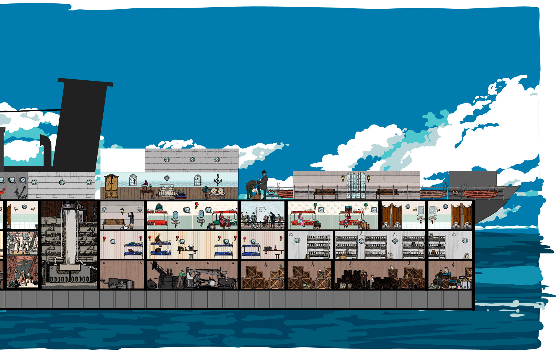 Ilustración vectorizada para instalación de diorama inspirado en un barco del s. XIX