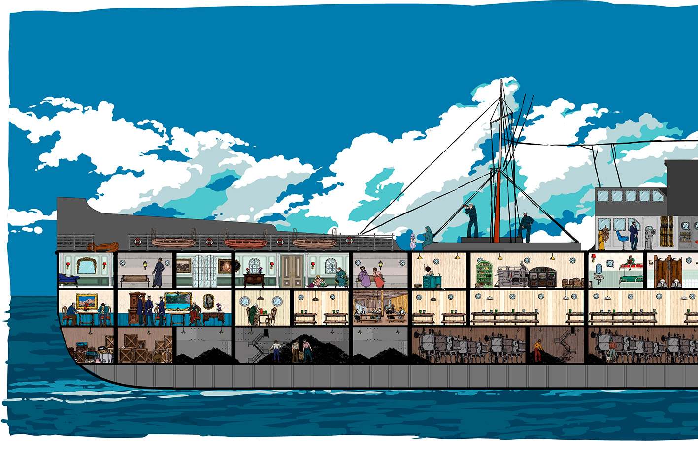 Ilustración vectorizada para instalación de diorama inspirado en un barco del s. XIX