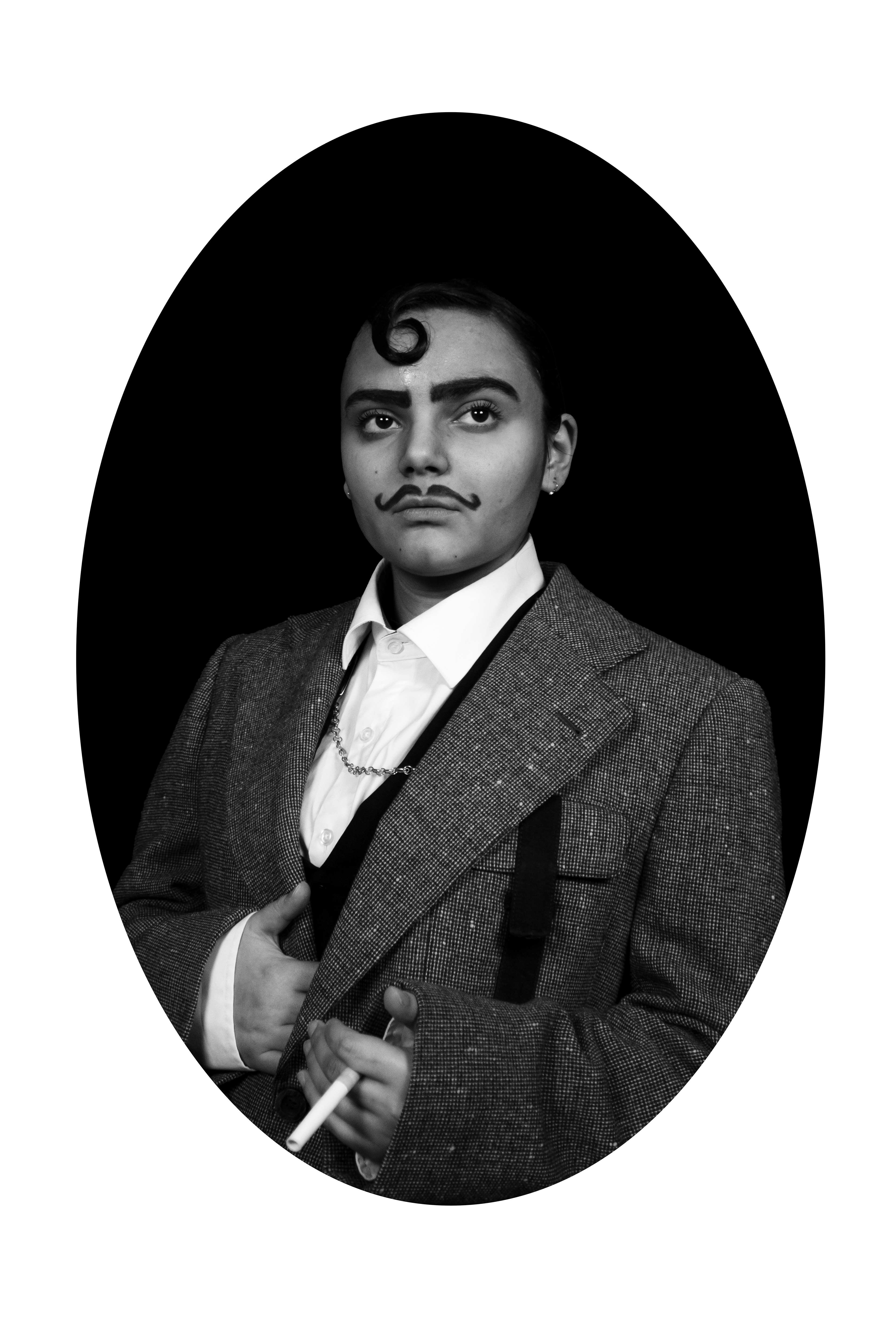 Larica, 2025. In this piece, the artist becomes the role of her great great grandfather on her maternal, Portuguese side, Larica. Through the evocation of Victorian photography, Simas adds a visual narrative not present in photographic discourse. 