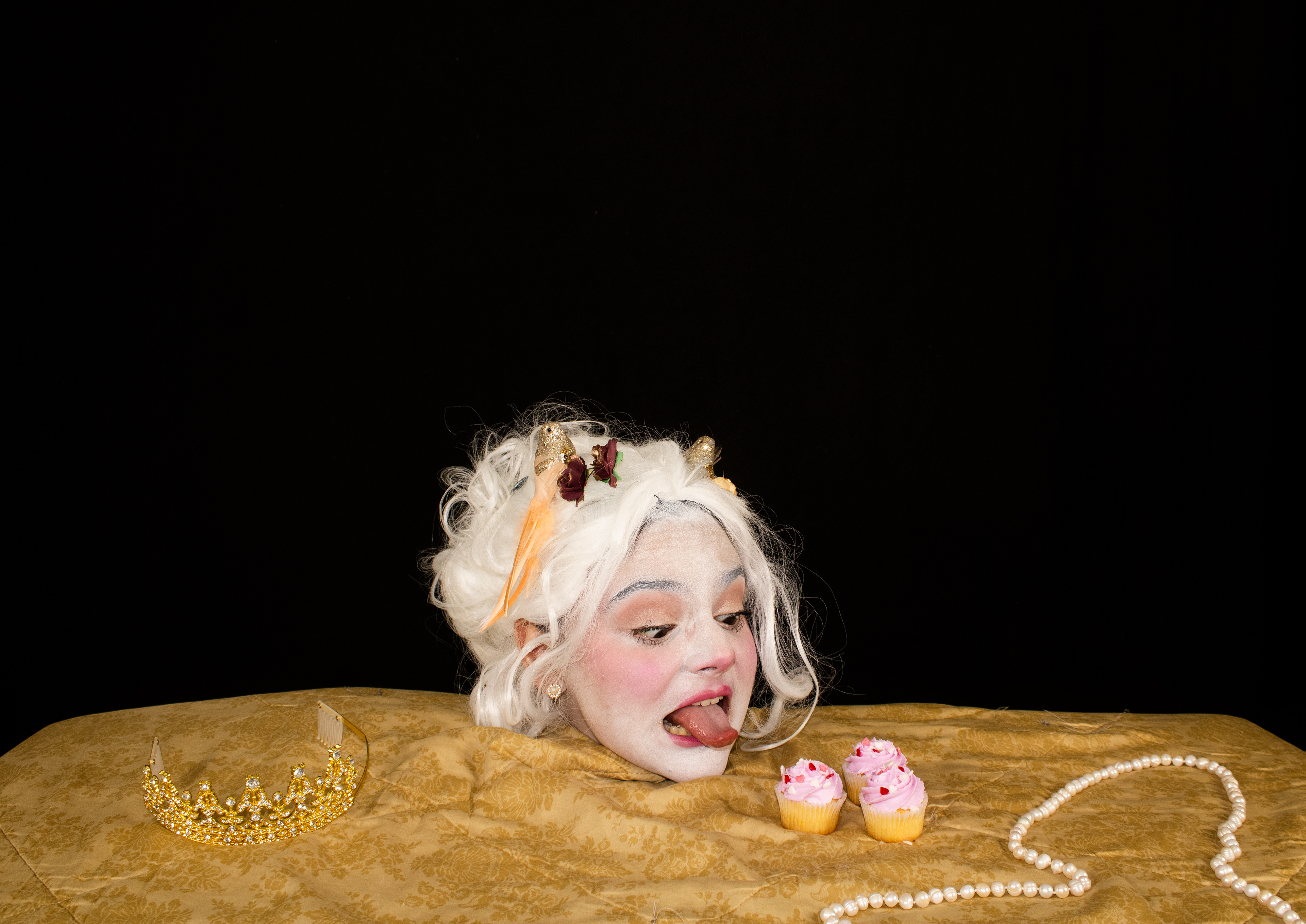 Always Time for Cake, 2023. Duty, Servitude and the Modern Woman’, demonstrates the artist working through female architypes often served to viewers in media – the rich and selfish Queen, the tom-boy hero, who rejects her femininity for seriousness and martyrdom, and the fragile, porcelain doll who is one singular crack away from crumbling her façade of perfection. Through this work, the artist asks what femininity looks like in the case of broad, widely disseminated media, and how it affects ideas of femineity and feminism, identity and notions of belonging. 