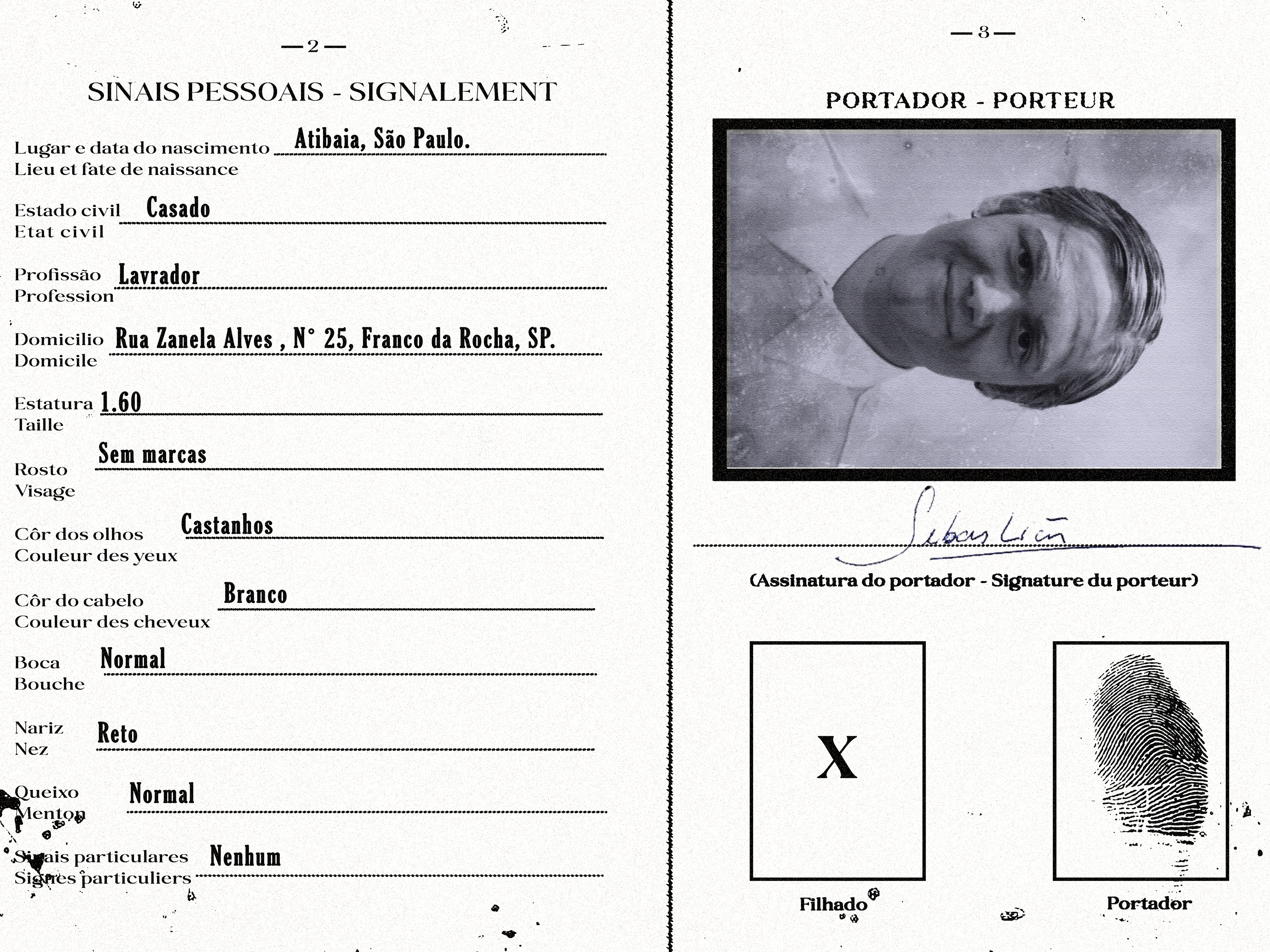 Great Great Grandfather, Sebastiao. [TEXT: Place of Birth: Atibaia, Sao Paulo. Marital Status: Married. Profession: Railworker. Height: 1.60. Face: Without Marks. 