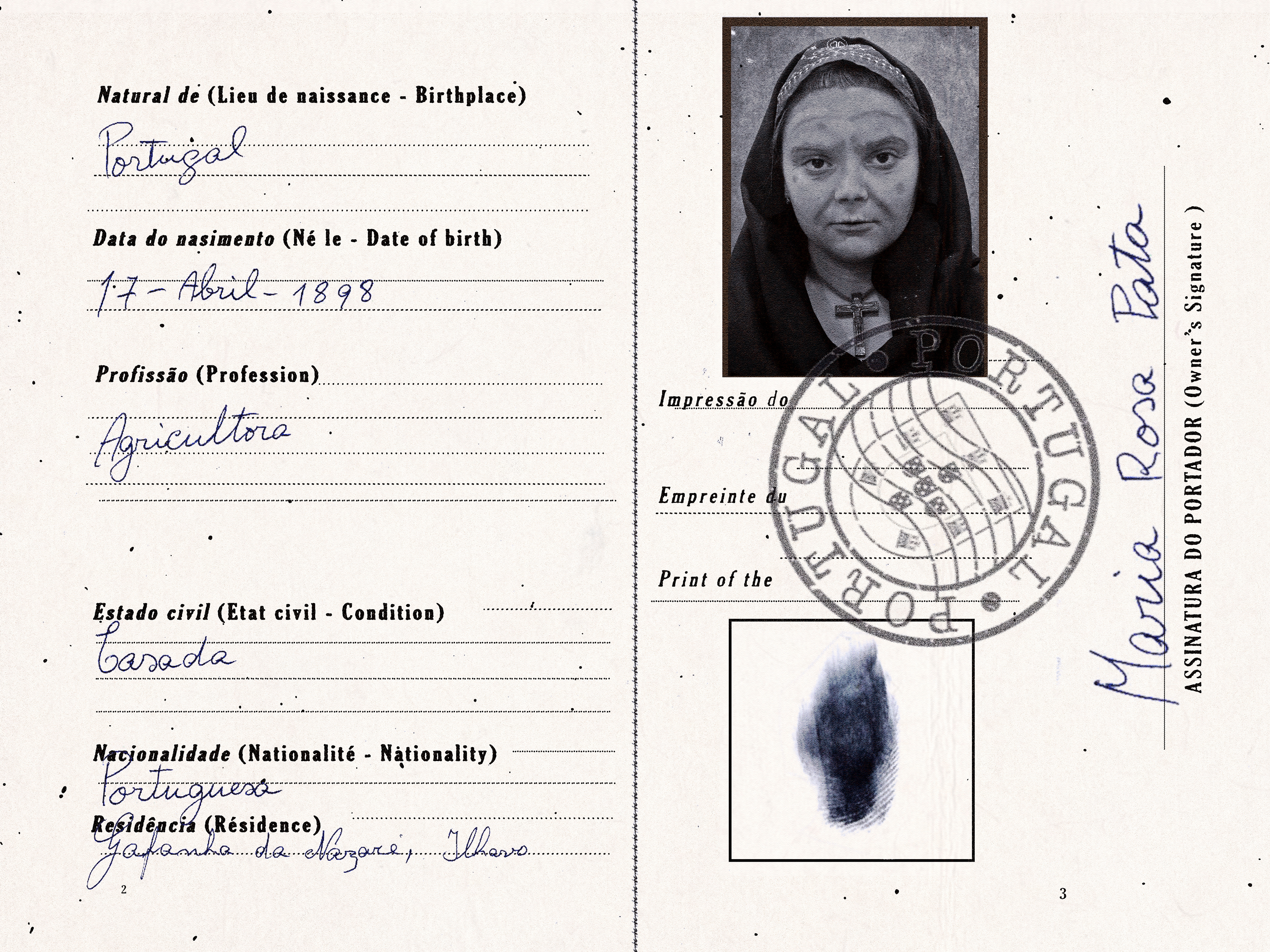 Great Great Grandmother Pata. [TEXT: Natural Of: Portugal. Date of Birth: 17th April, 1898. Profession, Farmer. Marital Status: Married. 