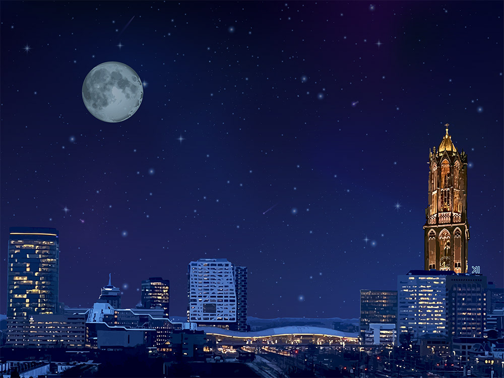 283. De Domtoren onder de Maan; Digitaal kunstwerk van Ruud van den Berg aka Domstad Rudie