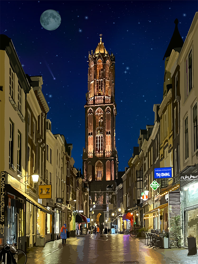 Domtoren vanaf de Zadelstraat, een Digitaal kunstwerk van Ruud van den Berg aka Domstad Rudie
