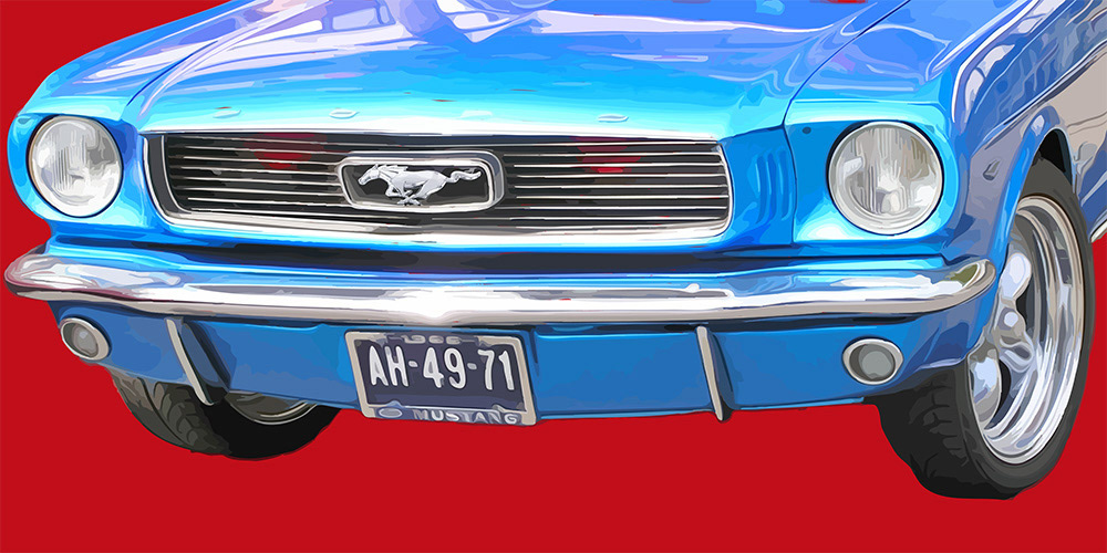 Blauwe Mustang in Rood Getijdenlicht; Digitaal kunstwerk van Ruud van den Berg aka Domstad Rudie