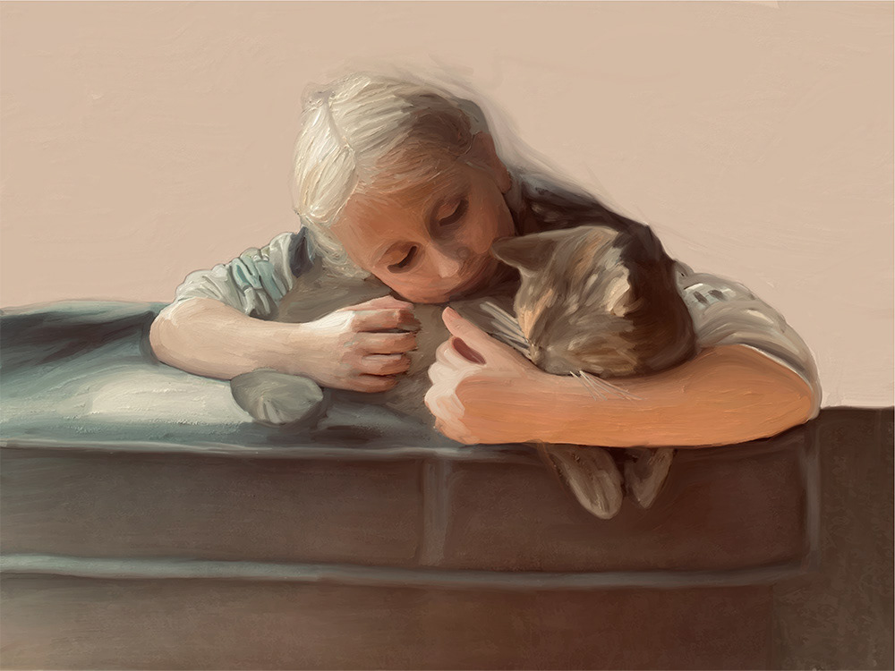 221. Tedere omhelzing tussen kind en kat; Digitaal kunstwerk van Ruud van den Berg aka Domstad Rudie