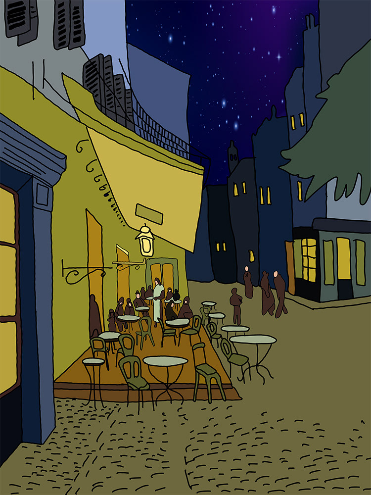 Caféterras bij nacht, een Digitaal kunstwerk van Ruud van den Berg aka Domstad Rudie