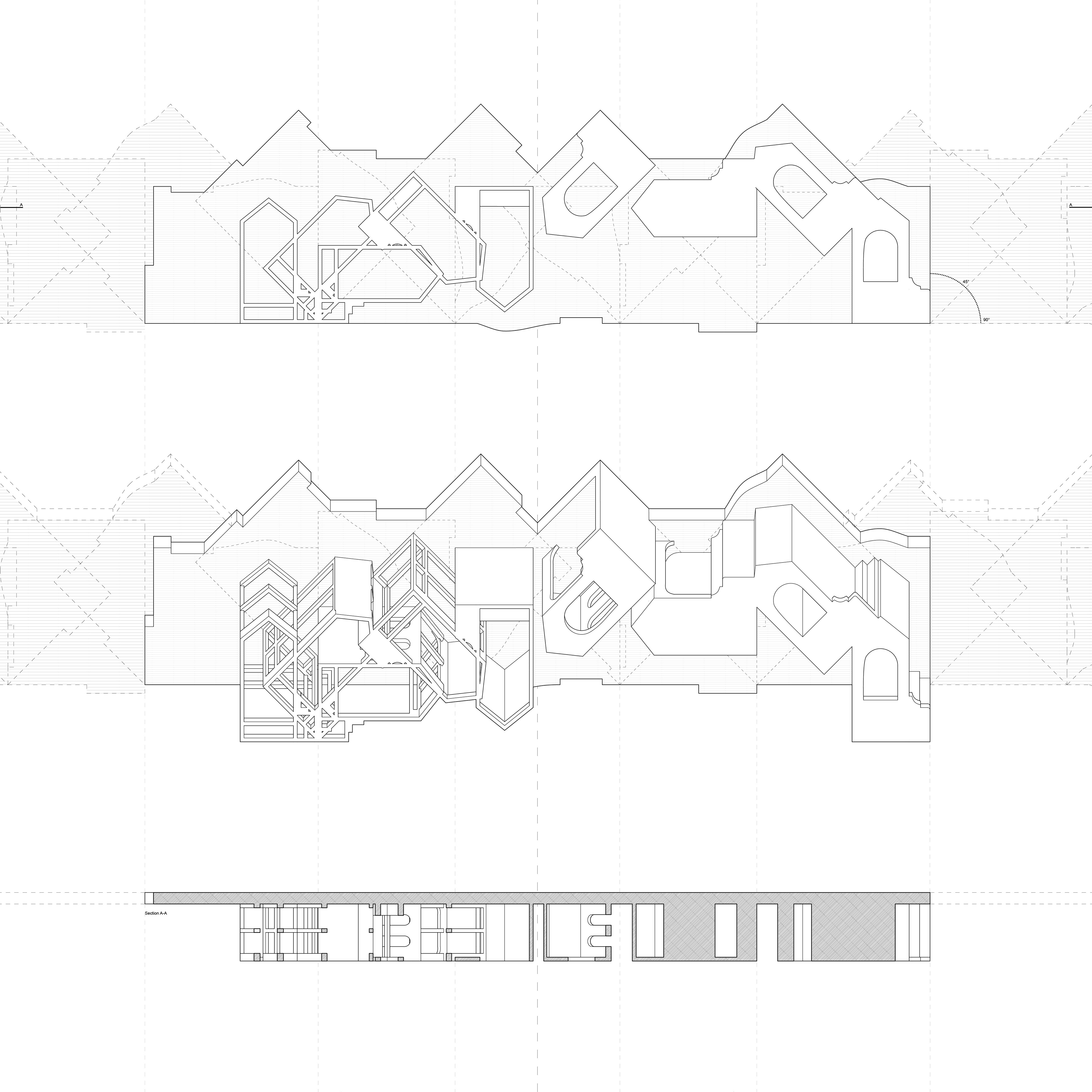 DRAWING 1: I analyzed movement and its relation to the multiplication of the porch. When in a car, the street elevation is seen as a continuous facade. I replicated this idea through multiplication and rotation. I then decomposed the porch in its form as lines, planes, and solids.
