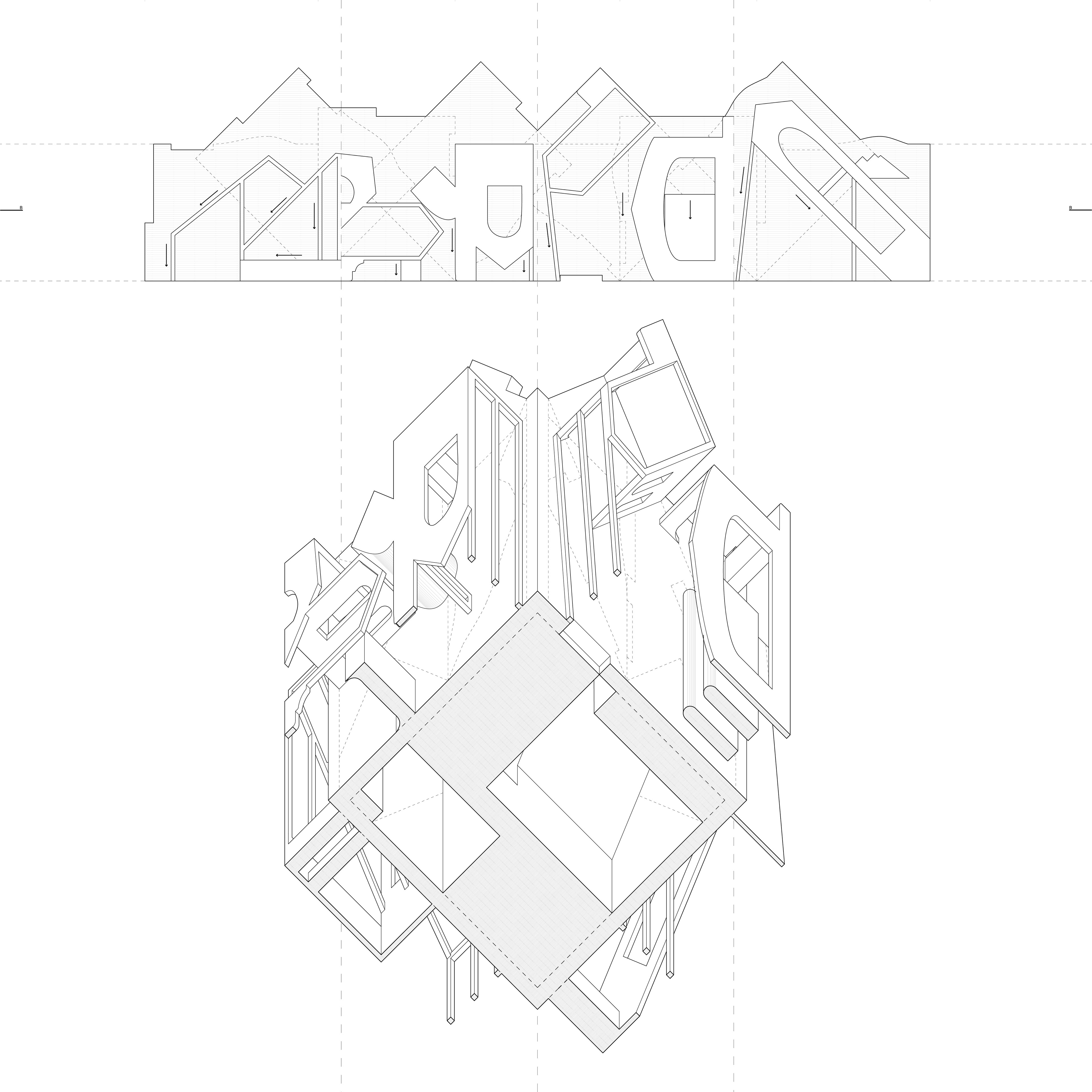 DRAWING 2: I created a new porch using the elements discovered in the analysis. Then to further emphasize the porch, I created a new interior using shapes and forms found on the exterior and extruding them into a solid interior.