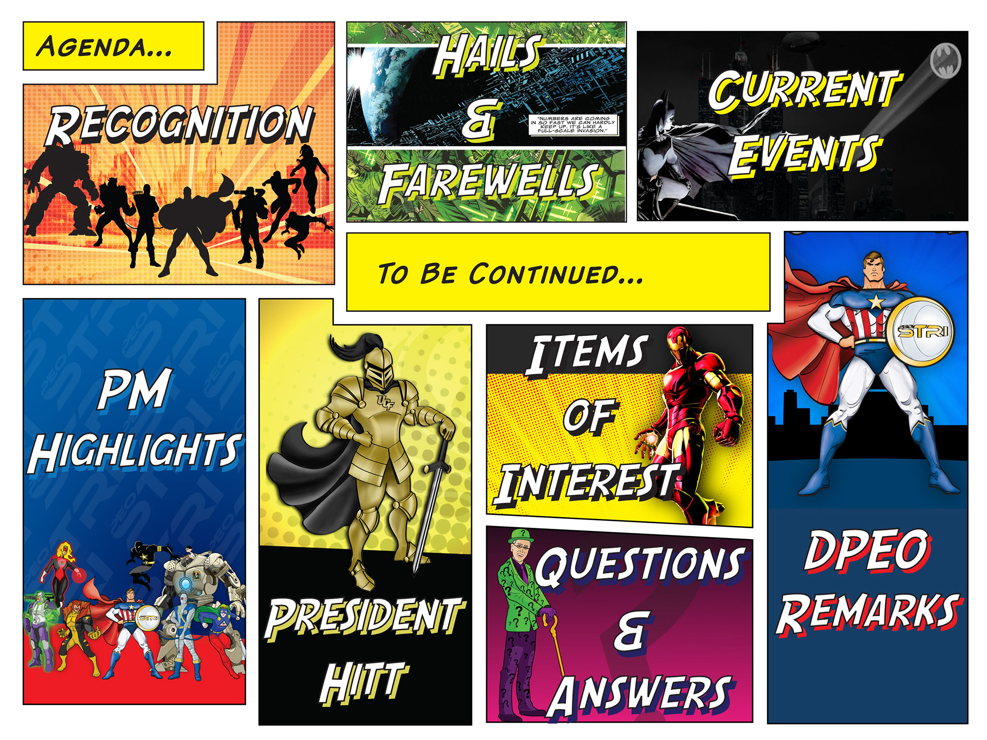 Agenda slide from Superhero themed meeting