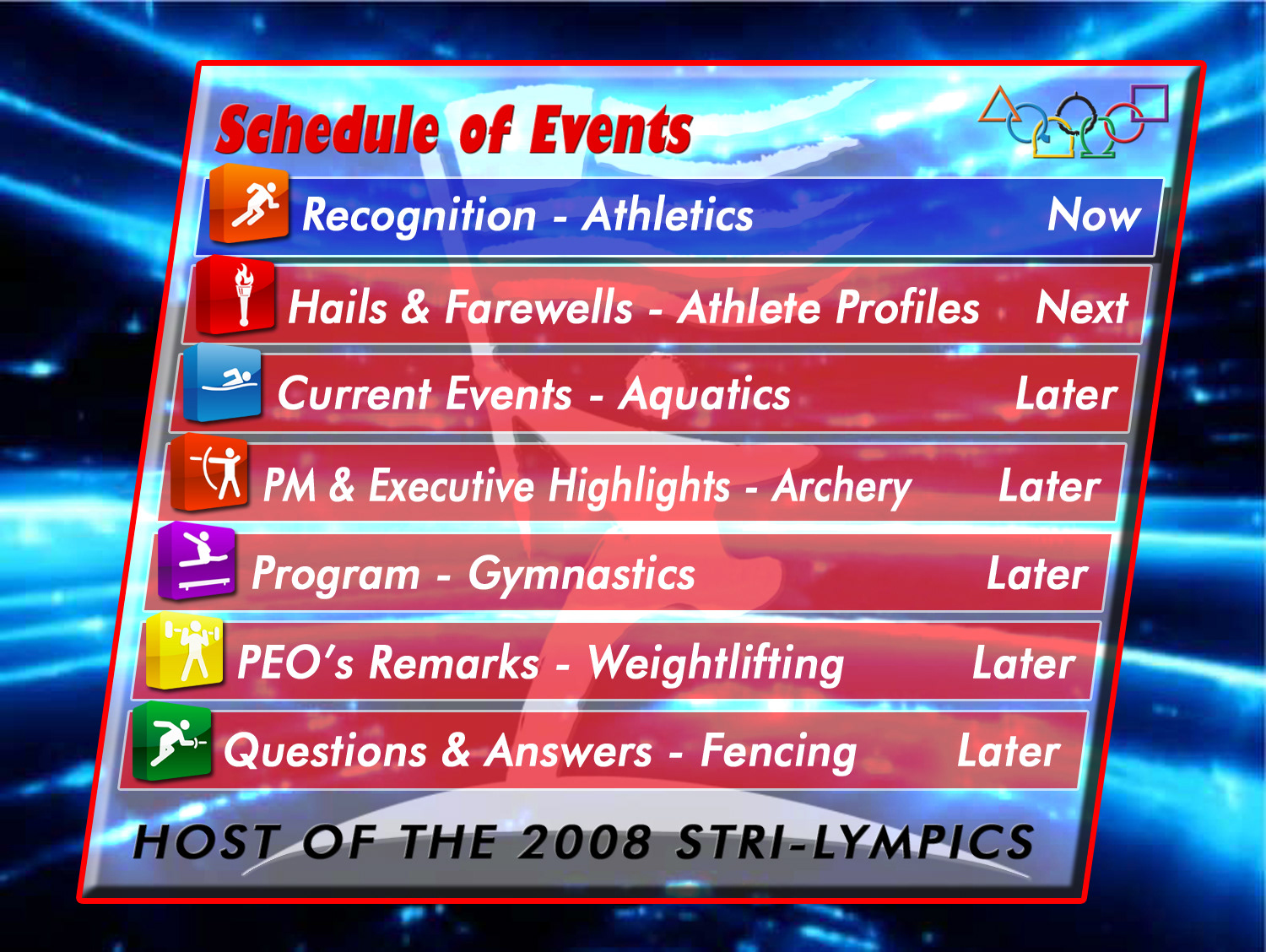 Screenshot form Agenda animation for Olympics themed Town Hall