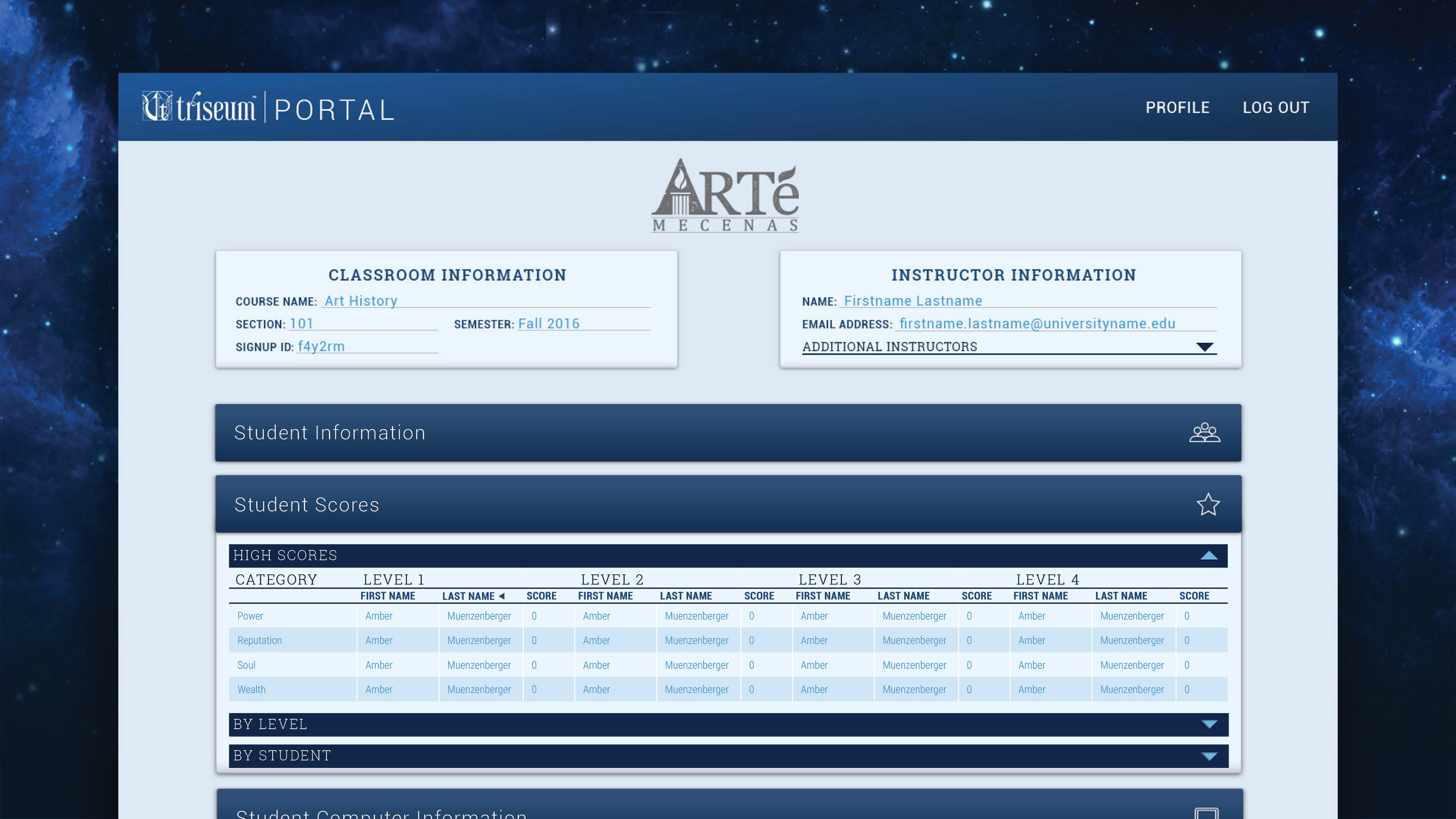 Screenshot from instructor portal - game data