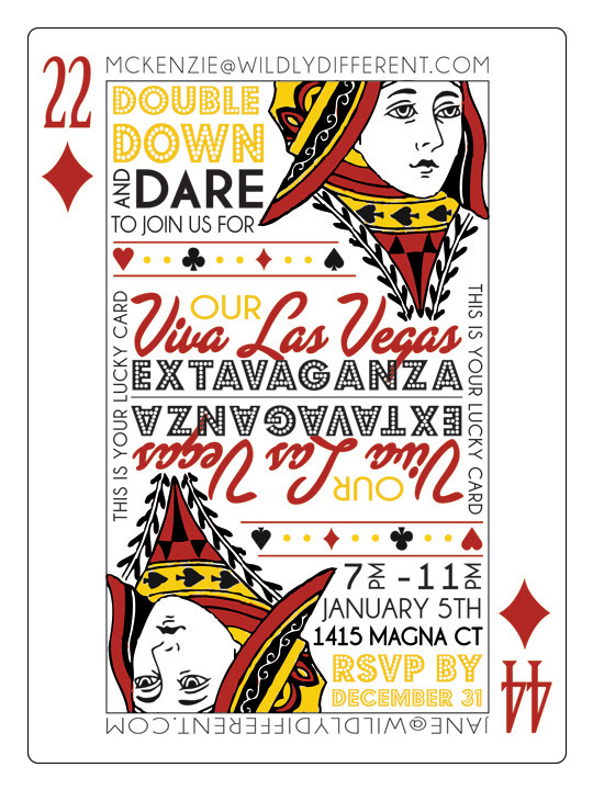 Vegas themed party invitation with two hosts
