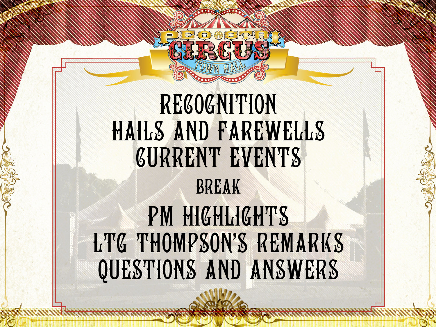 Agenda slide from Circus themed town hall