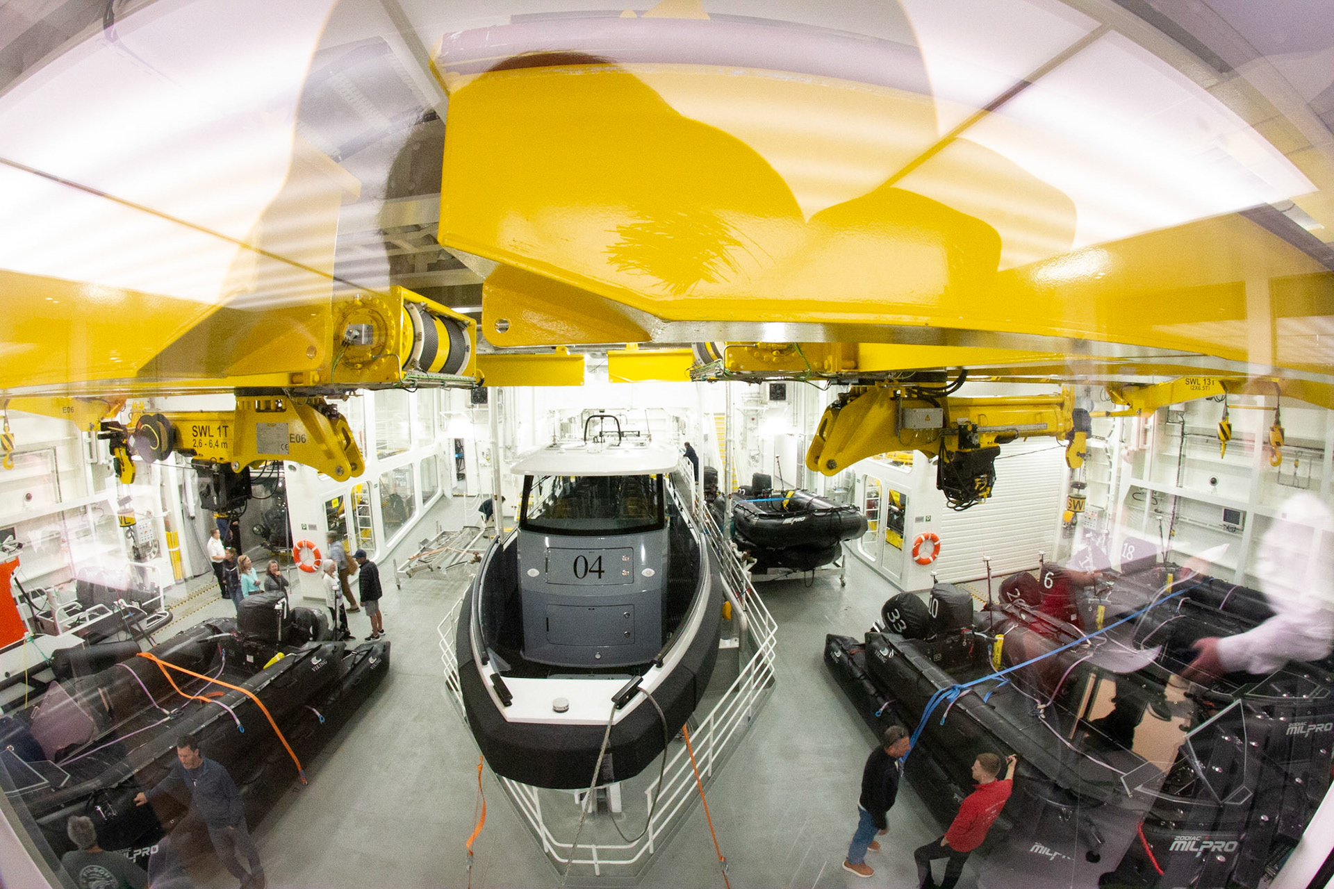 Hanger for the kayaks, Zodiacs, special ops boats and submarines