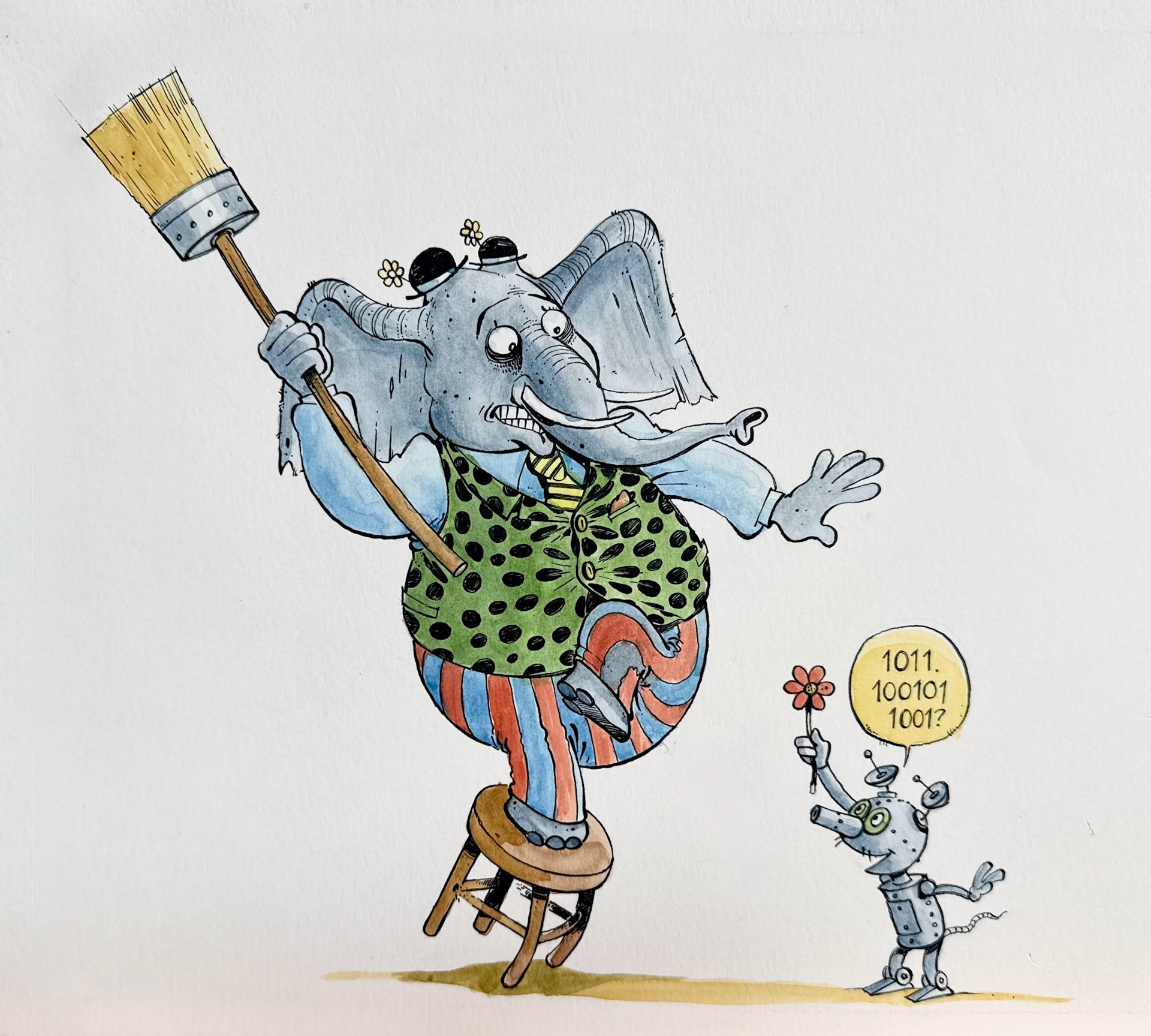Watercolor Illustration of and Elephant and Robot Mouse