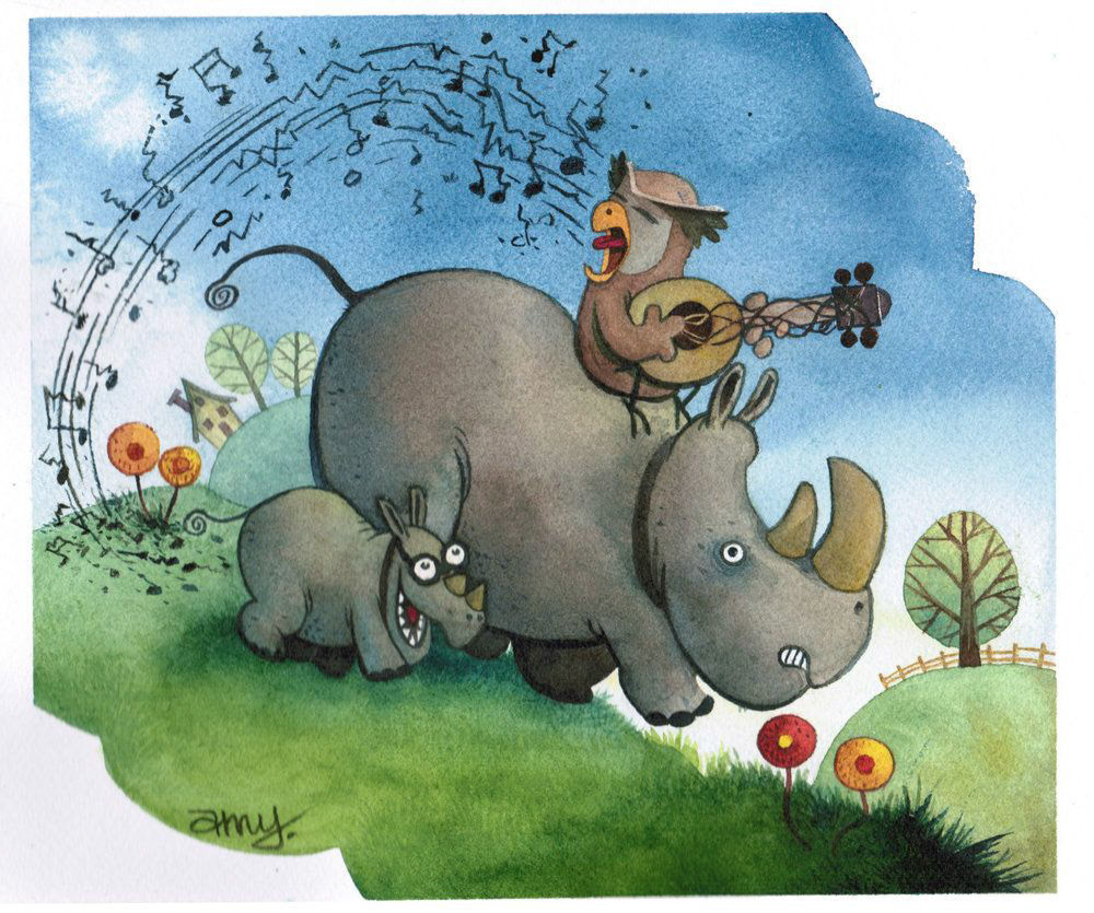 Watercolor Illustration of Rhinoceros and Owl