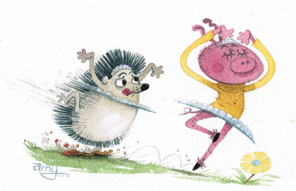 Watercolor Illustration of a Pig and Hedgehog Dancing Ballet