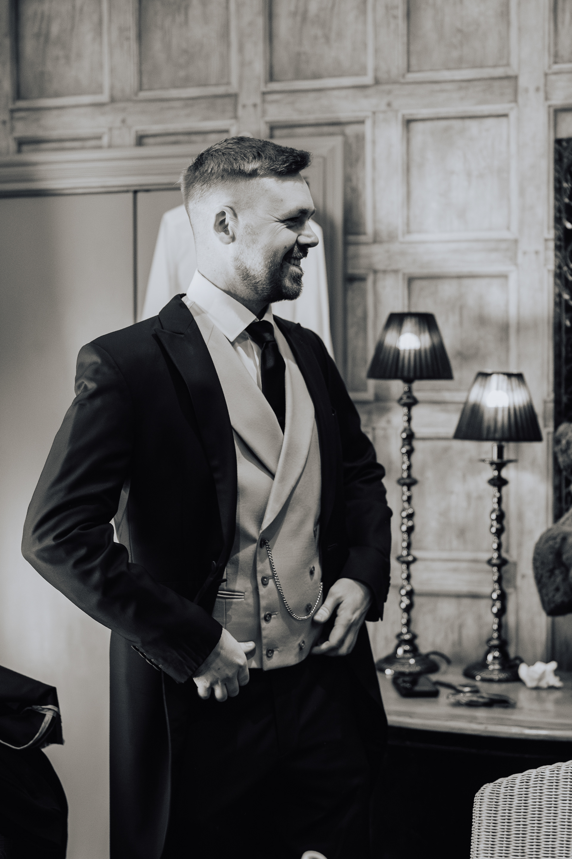 Documentary style wedding photography groom photographs at Mitton Hall Lancashire