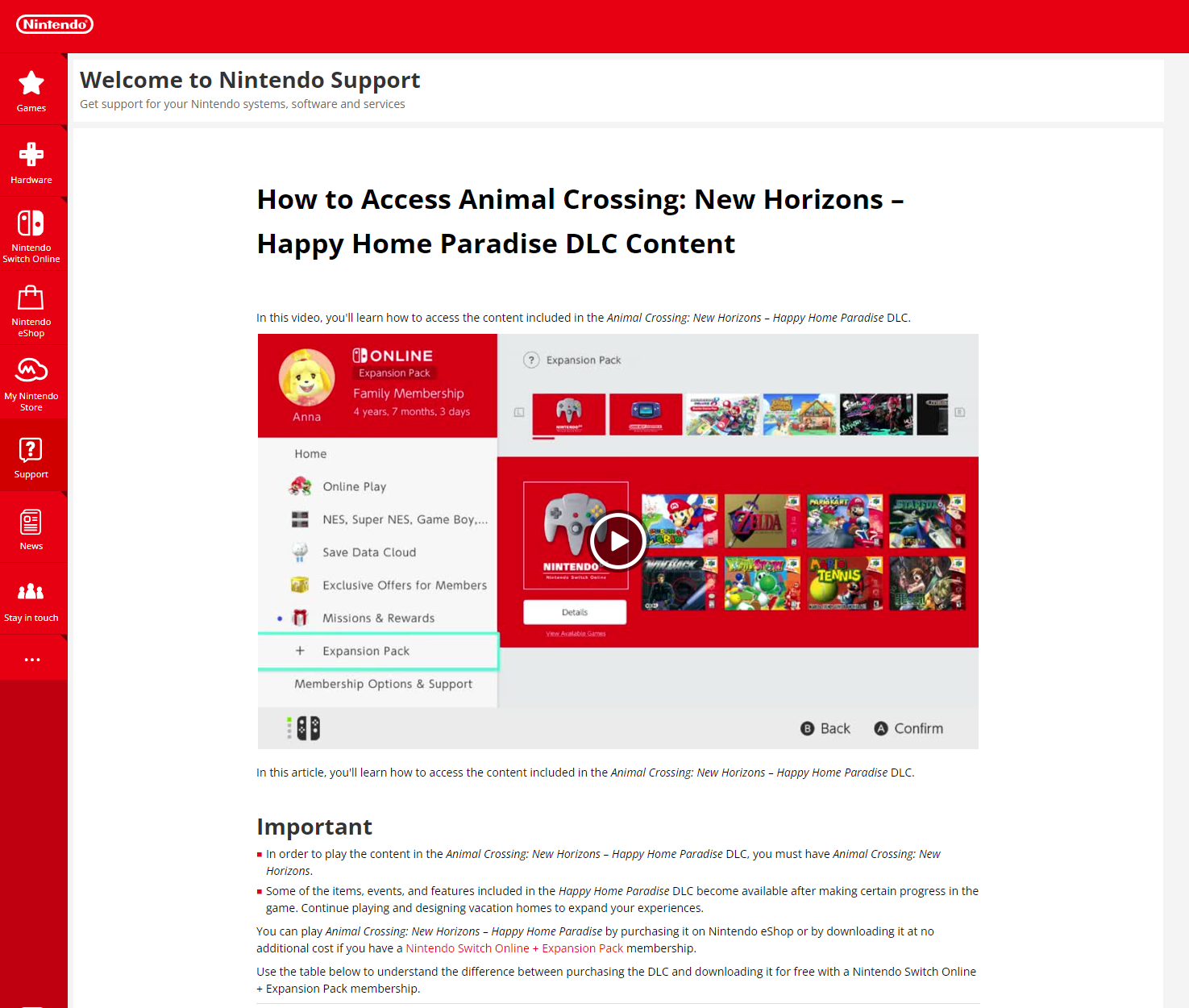 A screenshot of the Nintendo of Europe UK website, with a tutorial for accessing Animal Crossing: New Horizons Happy Home Paradise Downloadable content.