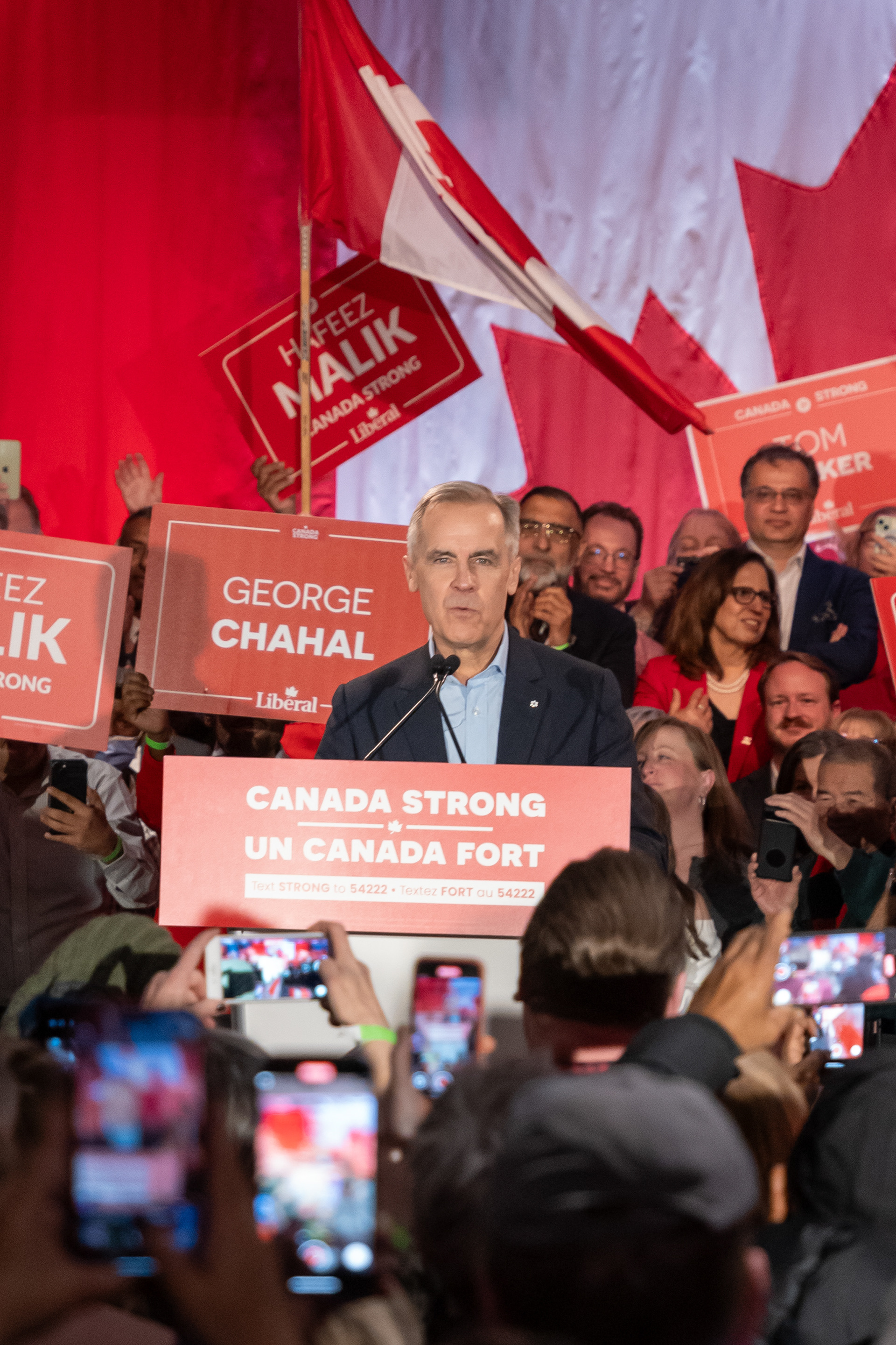 Prime Minister Mark Carney makes a speech to an excited crowd at the Red & White Club in Calgary on Tuesday, April 8, 2025.