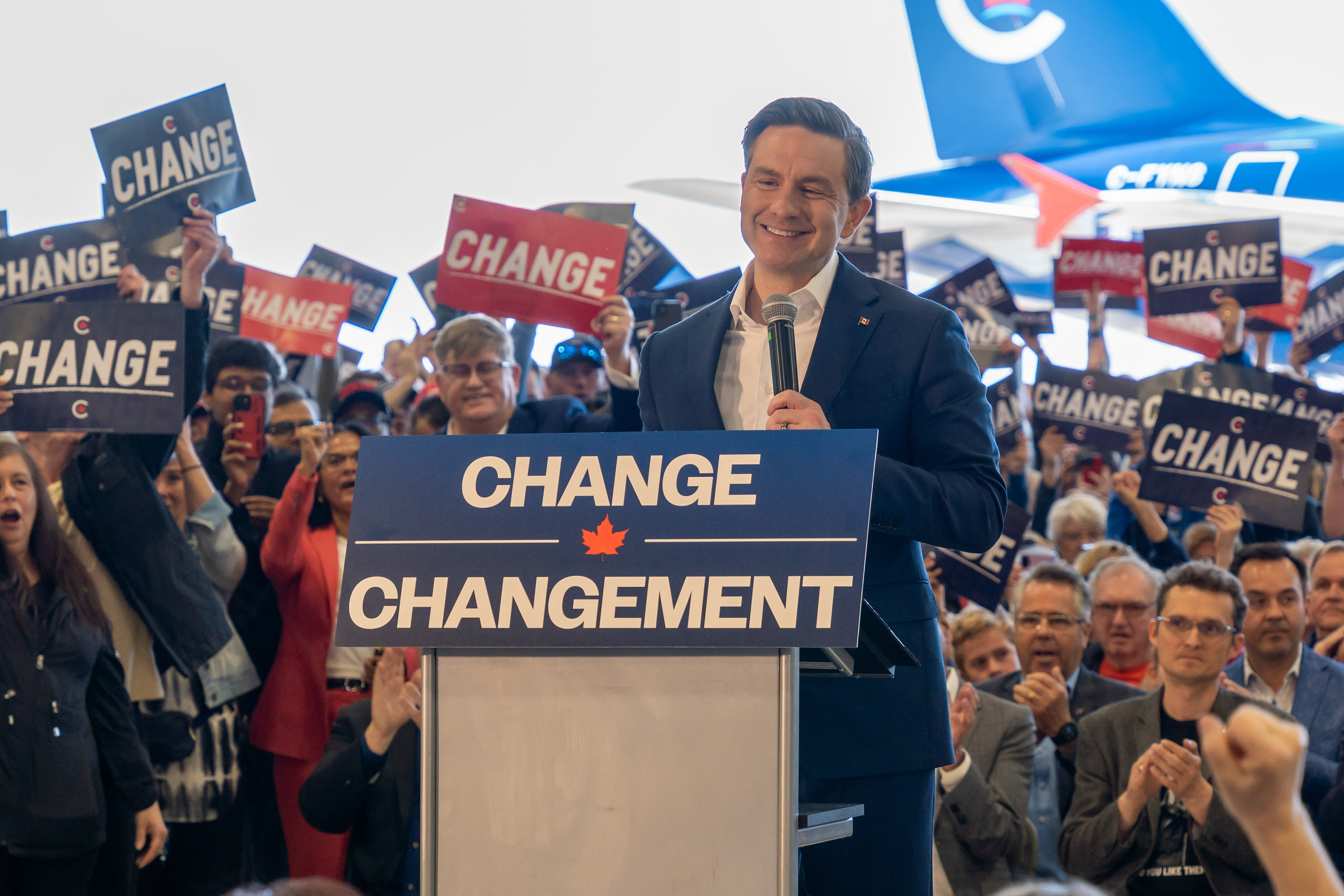 Conservative leader Pierre Poilievre addresses the crowd at a campaign stop in Calgary on Friday, April 25, 2025.