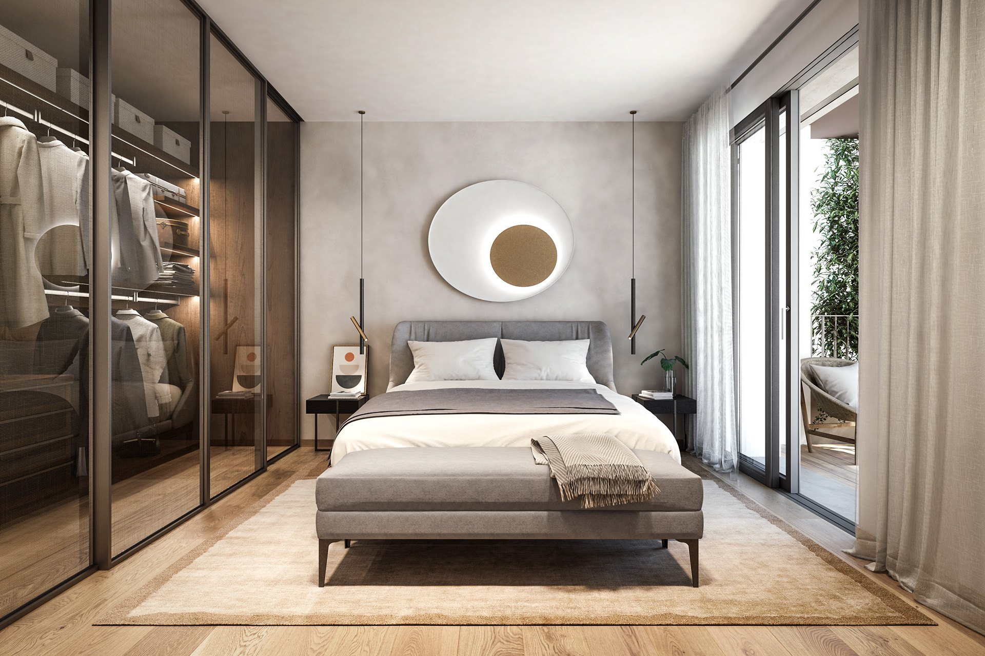 Rendering Real Estate | G2 Building Milano | camera padronale con cabina armadio e balcone