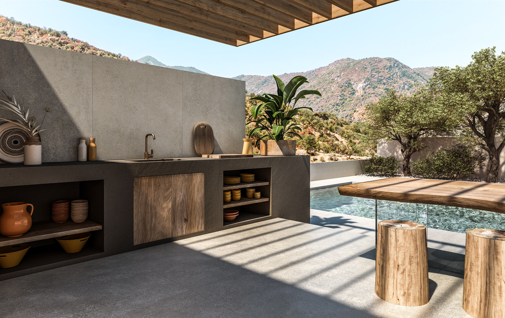 Rendering Design | Collezione Terra | giardino con cucina e piscina