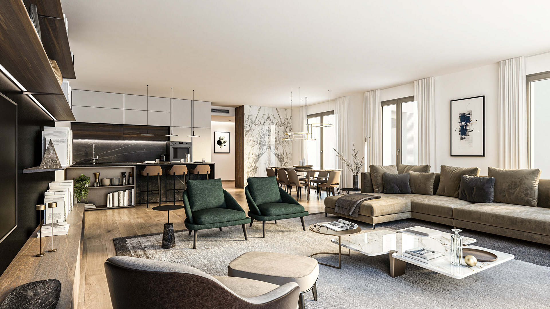 Rendering Real Estate | G2 Building Milano | soggiorno con cucina