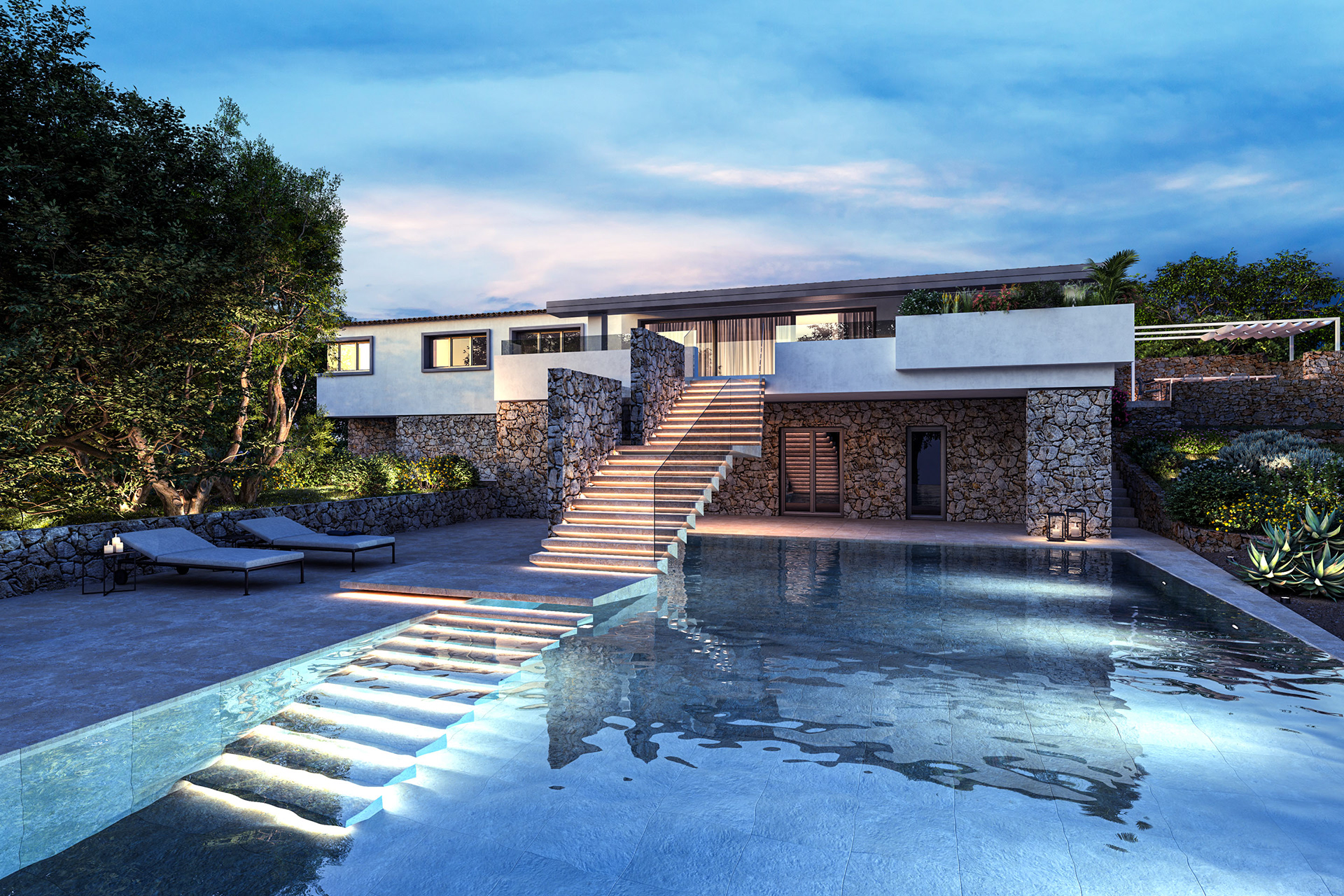 rendering architettura | progetto Villa D | piscina serale