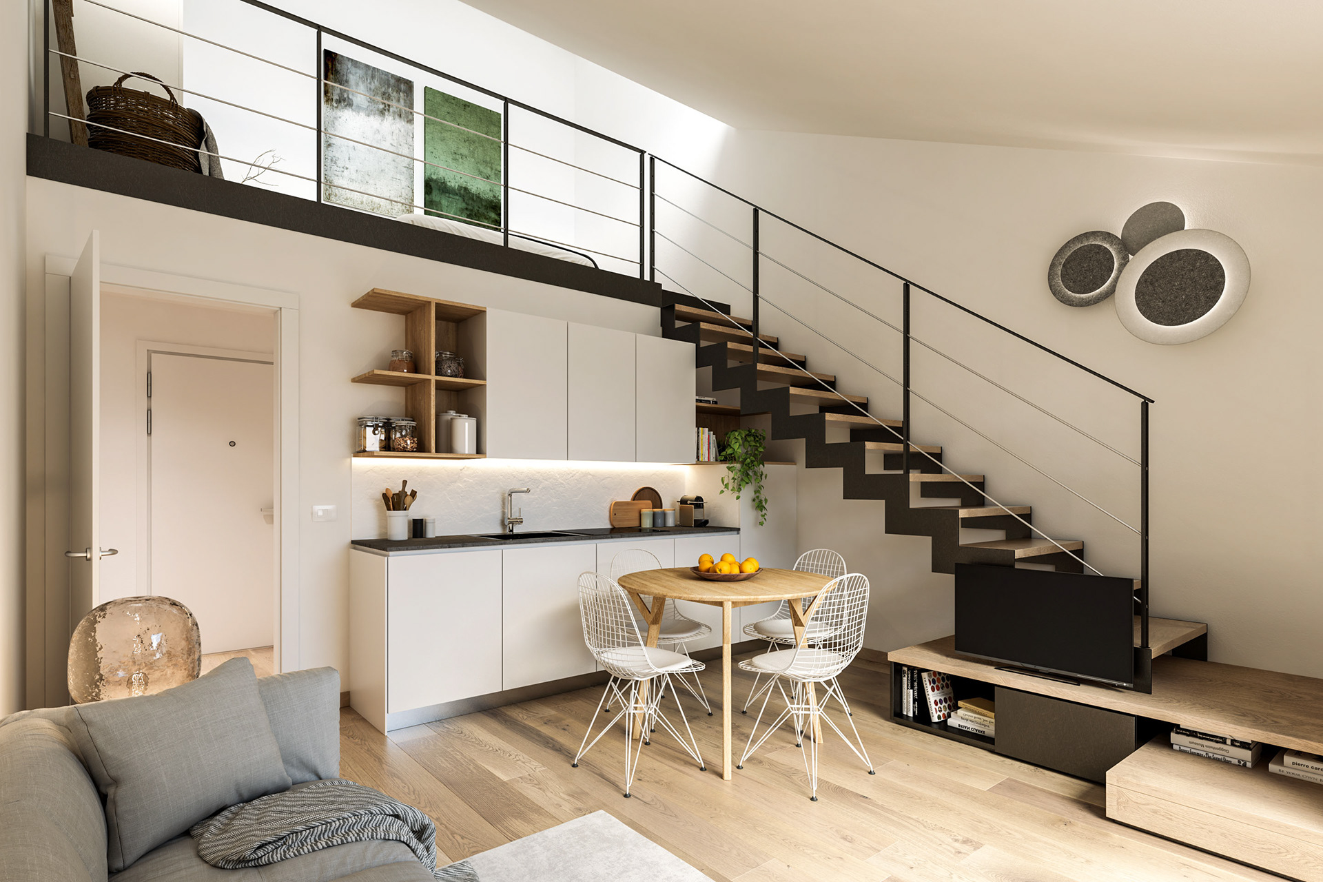 Rendering Real Estate | Residenze Selvanesco 77 Milano | soggiorno con cucina duplex