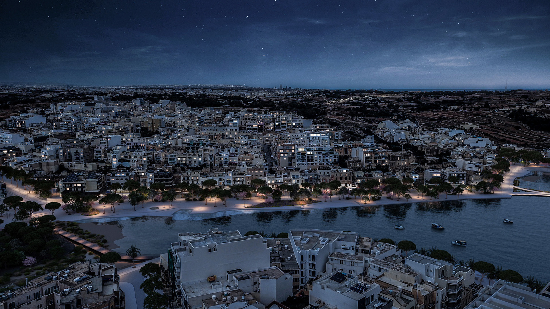 Rendering Landscape | Concorso Waterfront Marsaskala Malta | vista notturna