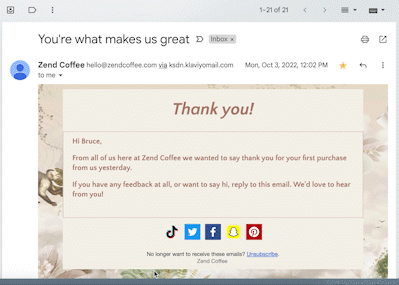 Automated Post Purchase eMail - Sent to customers after their first purchase.