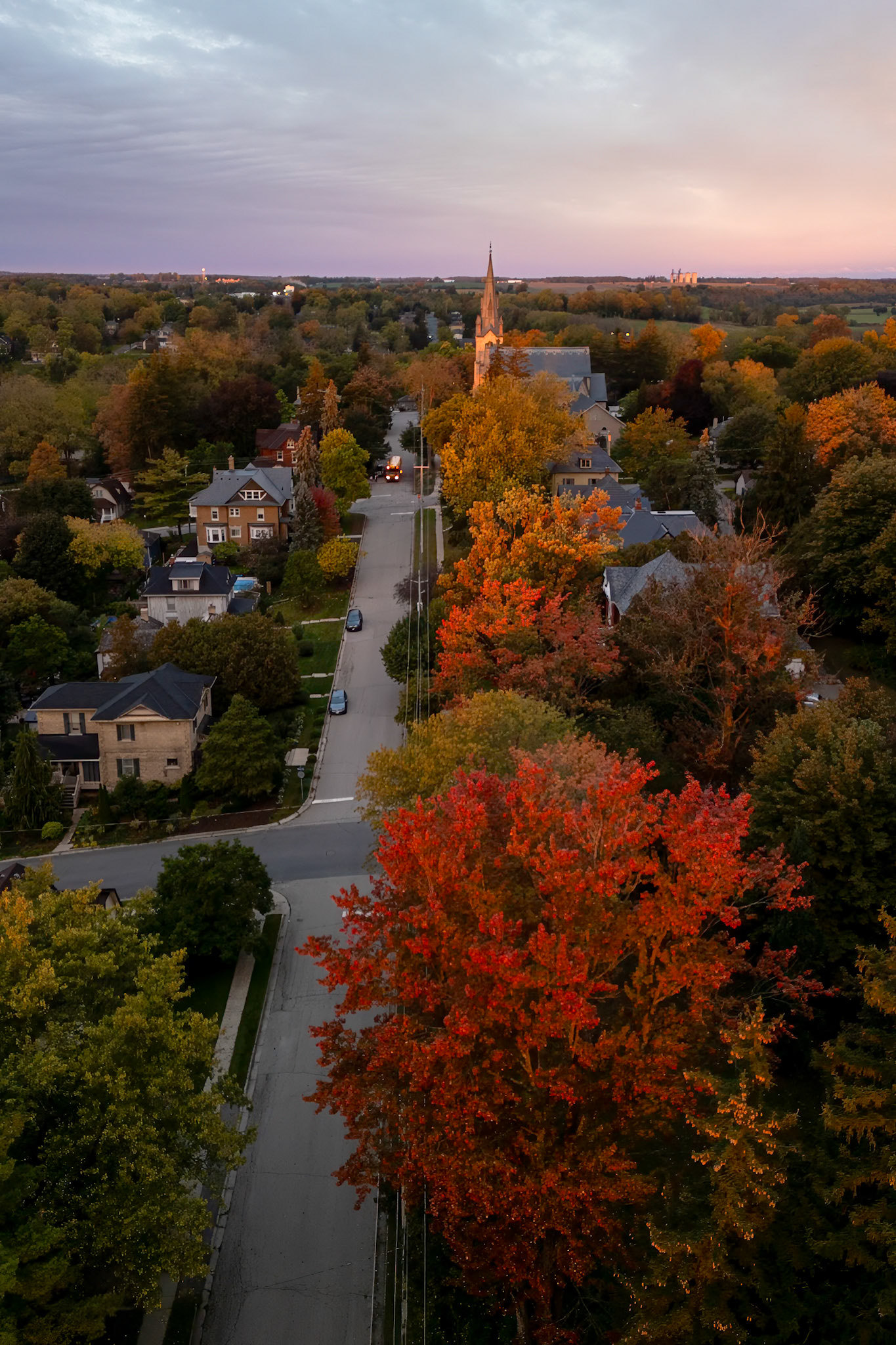 Church spire and fall colours in St. Marys