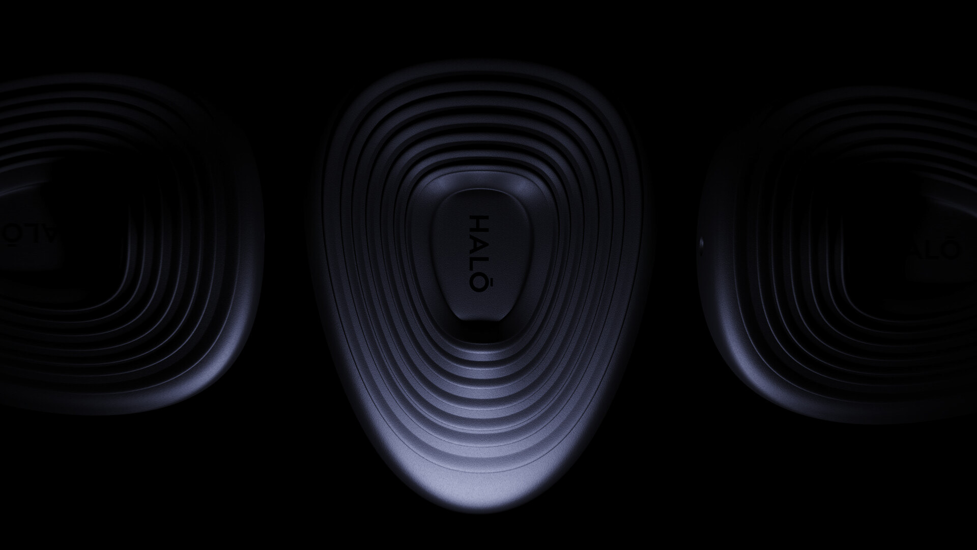 A sleek, black in-ear monitor with concentric circular patterns and the brand name "HALO" prominently displayed.