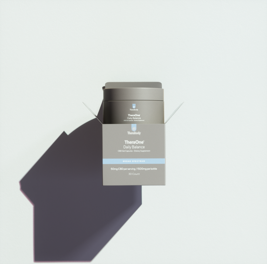 TheraOne Daily Balanced skincare product packaging with blue and gray colors, featuring "TheraOne" and "Daily Balanced" on the box.