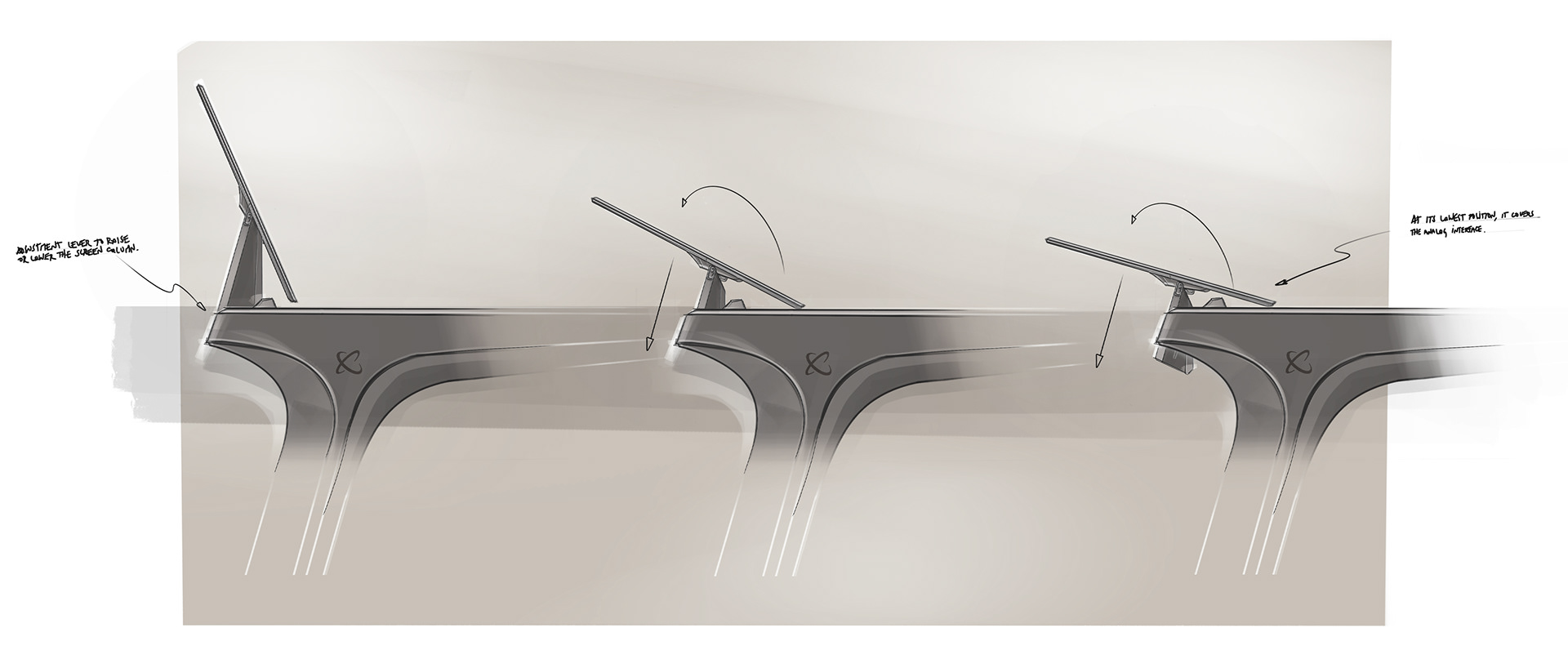 A conceptual drawing of a treadmill with a unique design featuring a curved handlebar and a sleek, modern appearance.