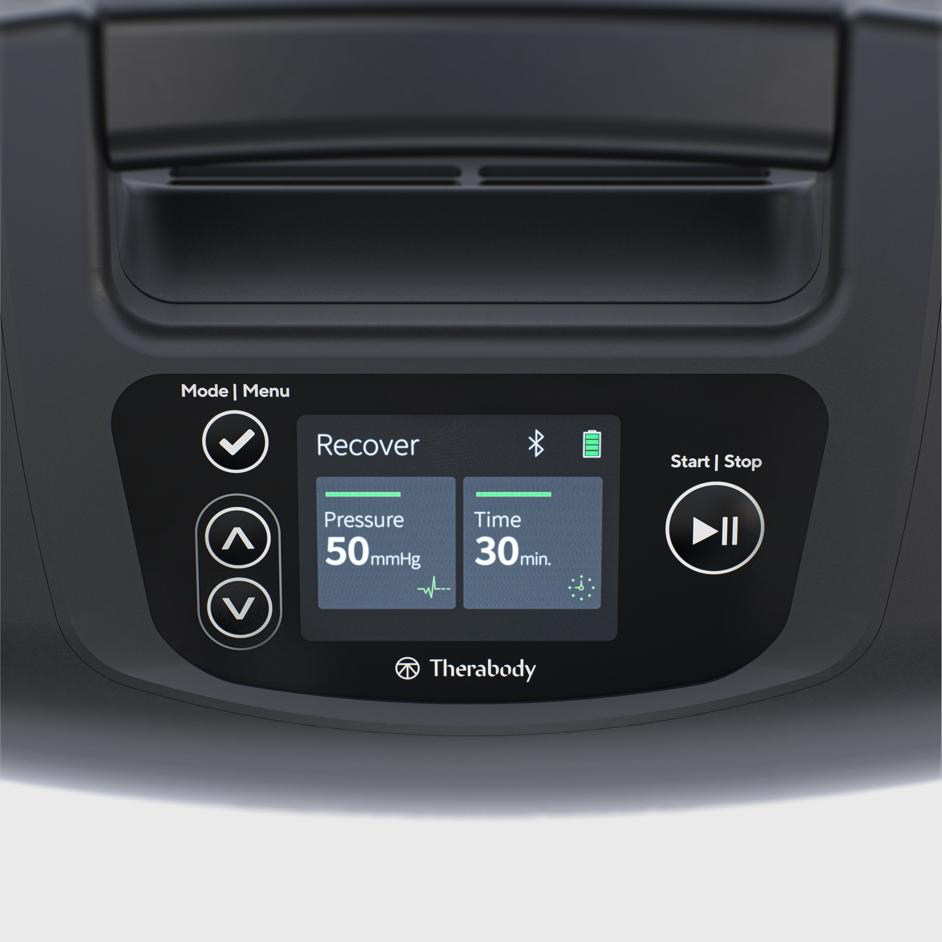 RecoveryAir Pump control panel displaying "Recover" mode, pressure at 50mmHg, time set to 30 minutes, and battery icon.