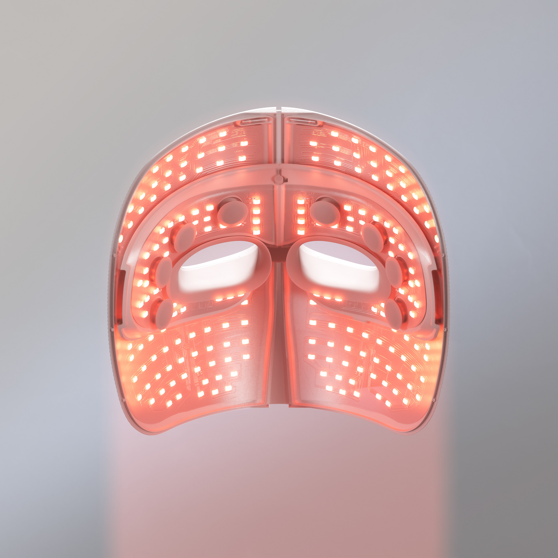 A red LED mask with illuminated panels.