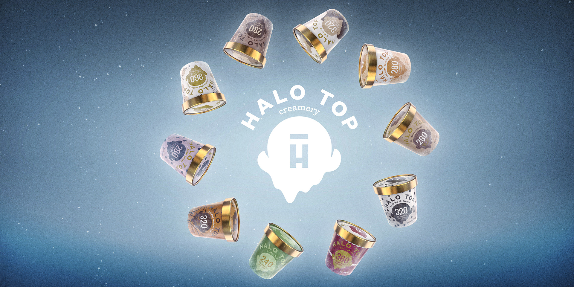 A collection of Halo Top ice cream cups in various flavors floating against a starry blue background, with the brand name prominently displayed in the center.